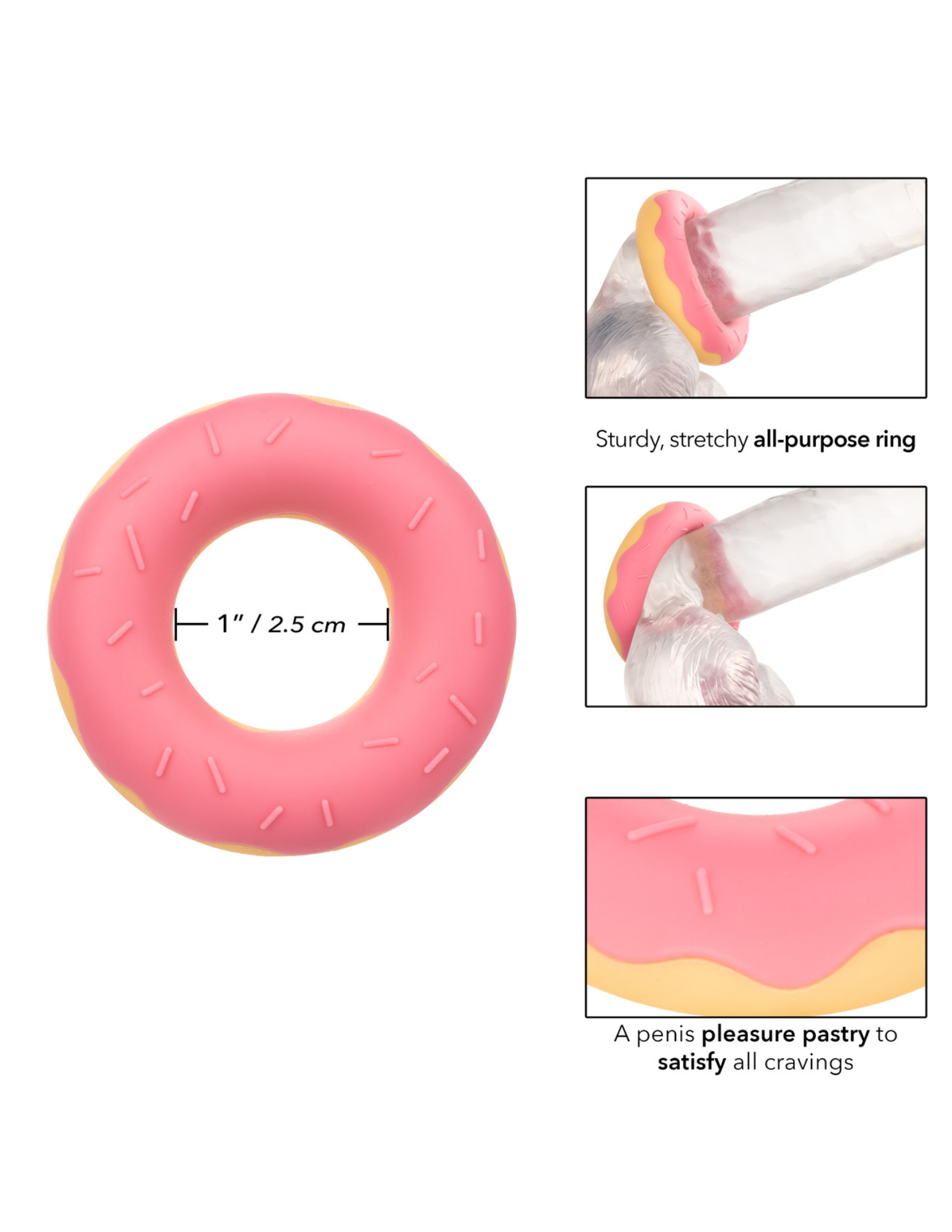 Diagram shows the dimensions and how to wear the Naughty Bits Dickin Doughnuts Cock Ring (pink), from CalExotics.