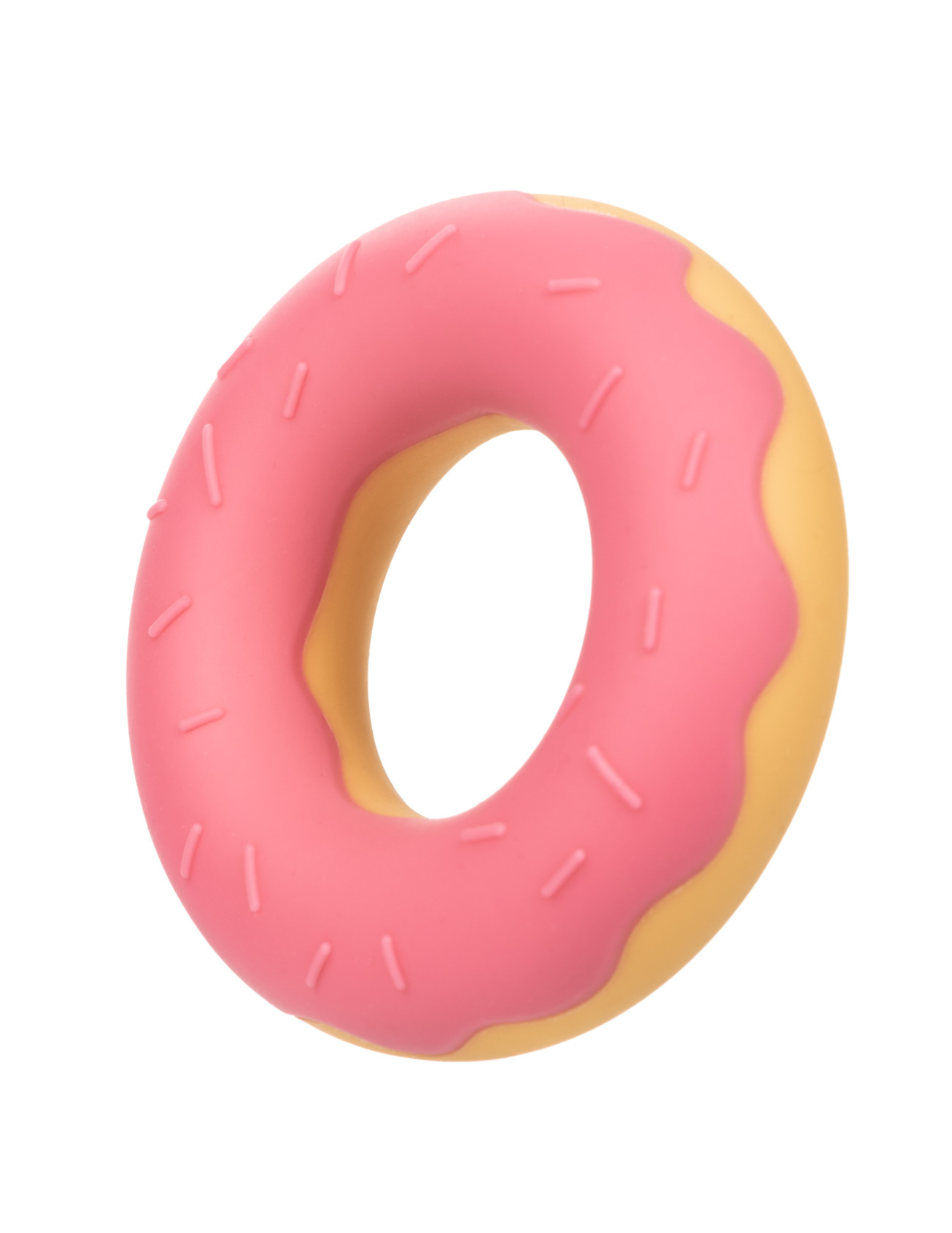 Close-up of the Naughty Bits Dickin Doughnuts Cock Ring (pink), from CalExotics shows its sprinkle design.