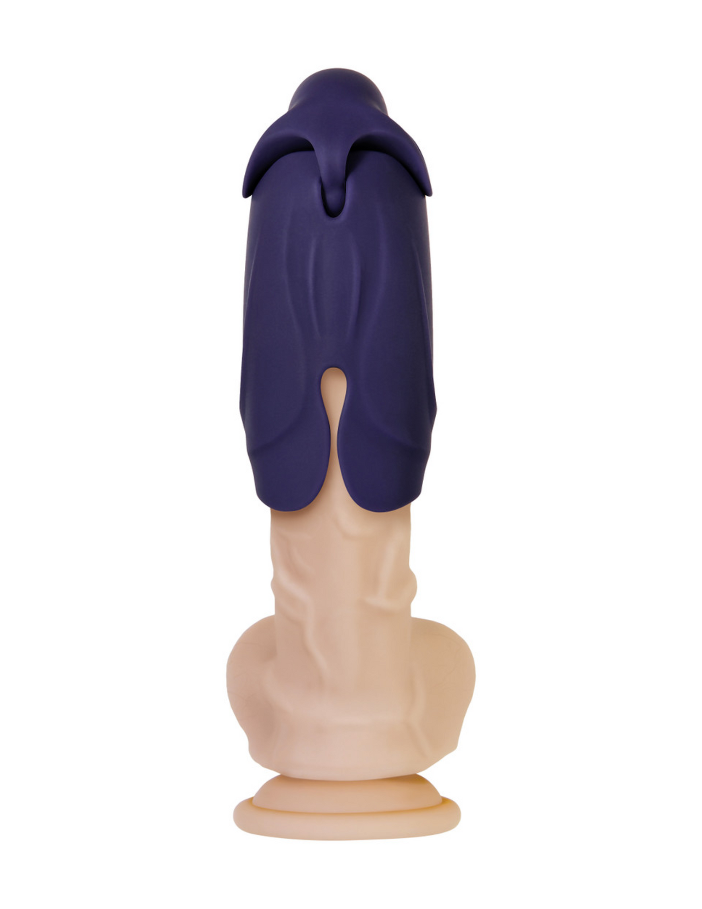 Photo of the Different Strokes Rechargeable Vibrating Masturbator from Zero Tolerance on a dildo to show one of the ways it can be worn with the "top" closed.