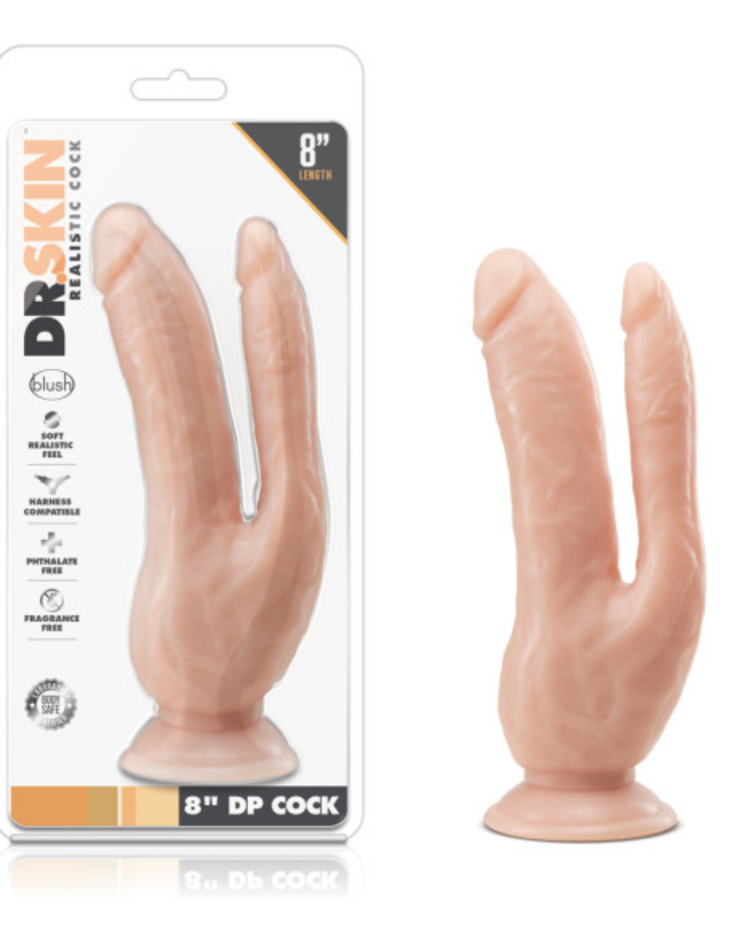 Dr. Skin Dual Penetrating Dildo w/ Suction Cup 8in (vanilla) next to package.
