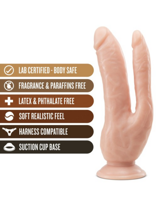 Ad for the dildo featuring: lab certified - body safe, fragrance and paraffins free, latex and phthalate free, soft realistic feel, harness compatible, suction cup base.
