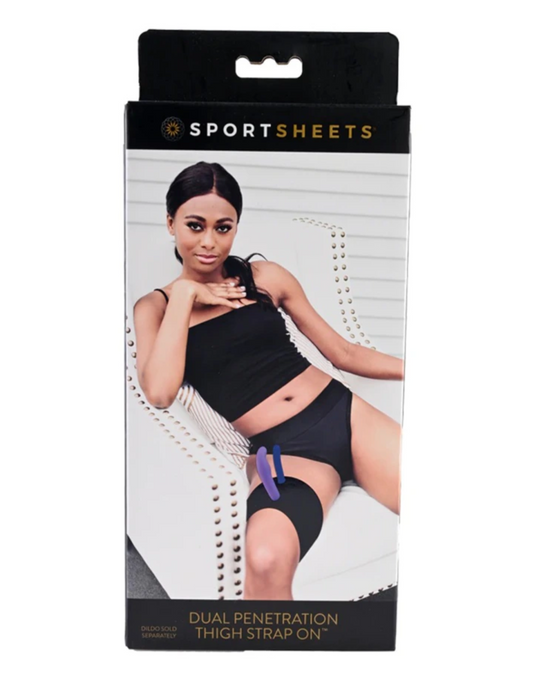 Photo of the box for the Dual Penetration Thigh Adjustable Strap-On from Sportsheets.
