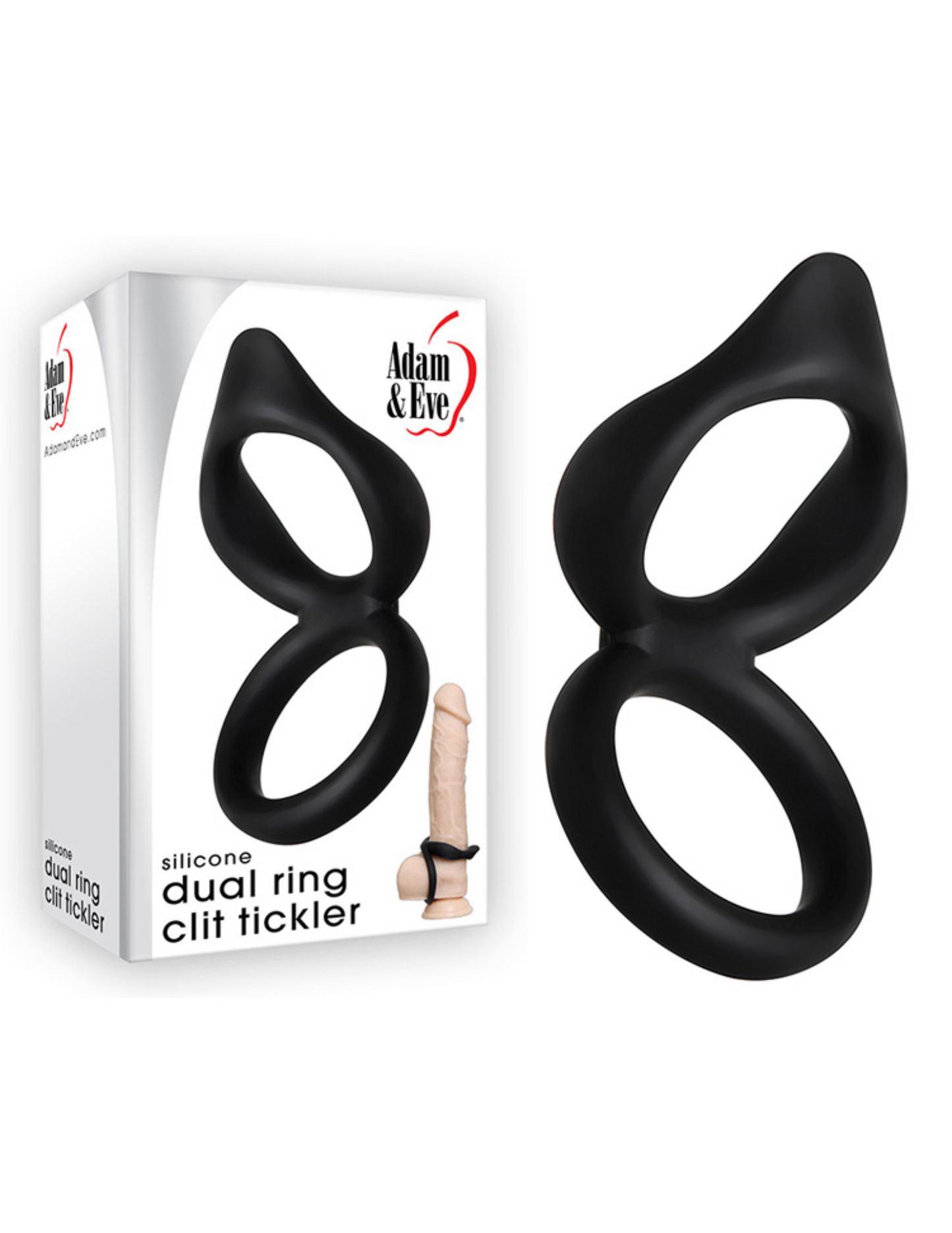 Photo shows the Adam and Eve Silicone Dual Ring Clit Tickler box and product.