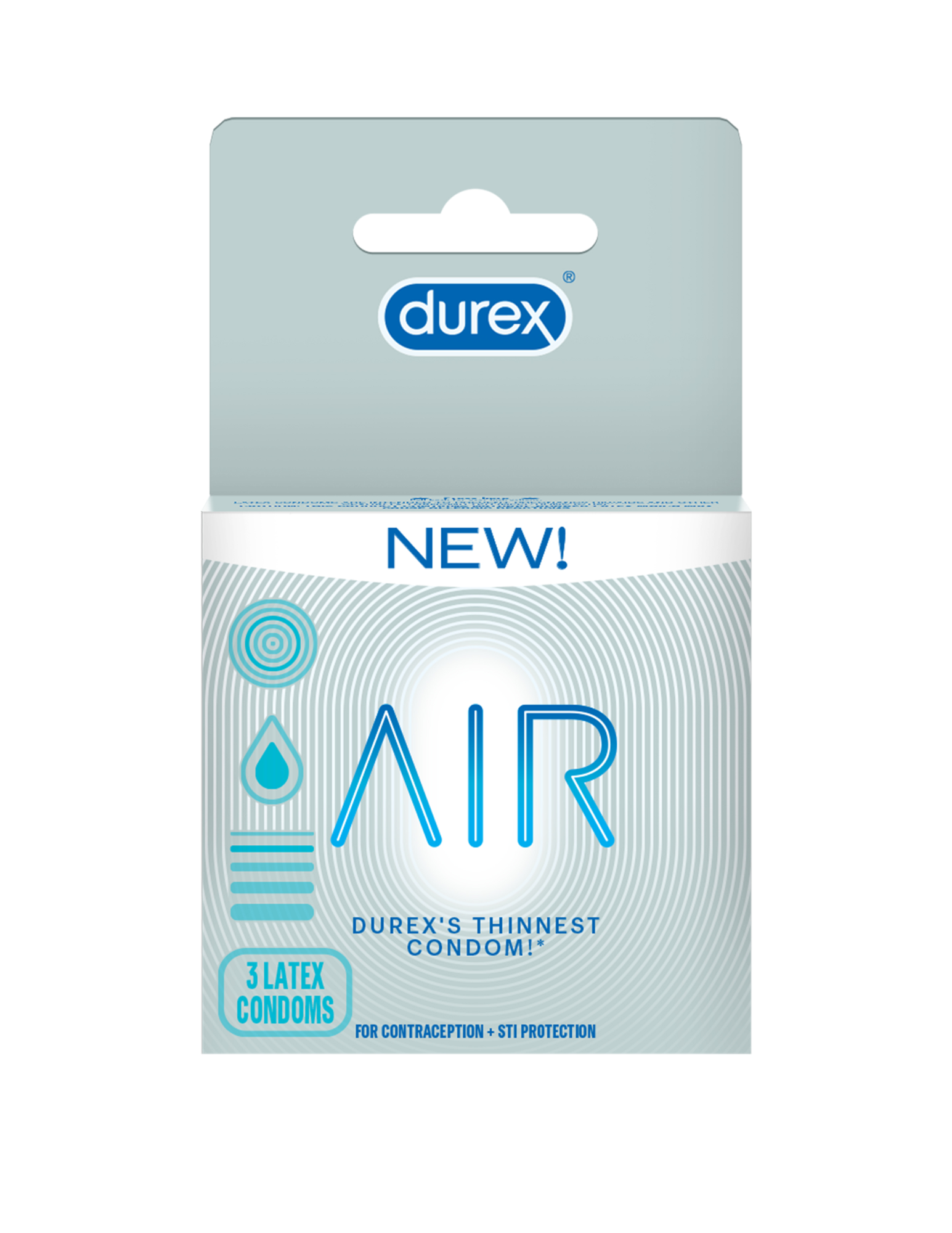 Front view of the Durex New Air Condoms (3pk).