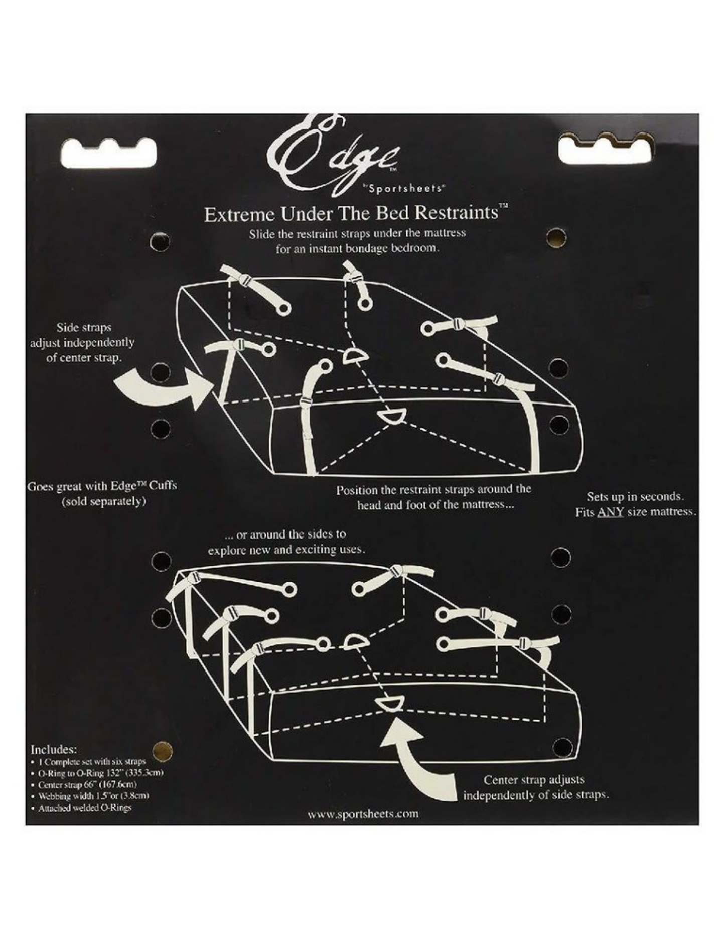 Photo of the back of the package for the Sportsheets Edge Extreme Under the Bed Restraints shows how to place it in between the mattresses.