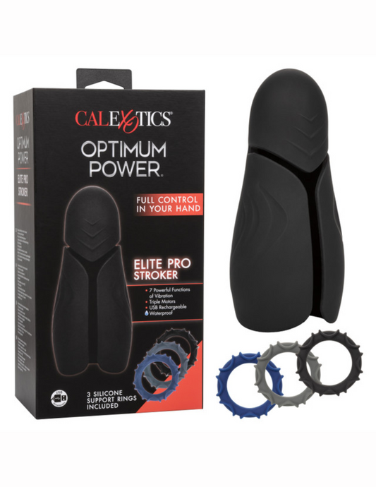Photo of the Optimum Power Elite Pro Stroker Masturbator (black), from CalExotics, next to its box with 3 (included) cock rings.