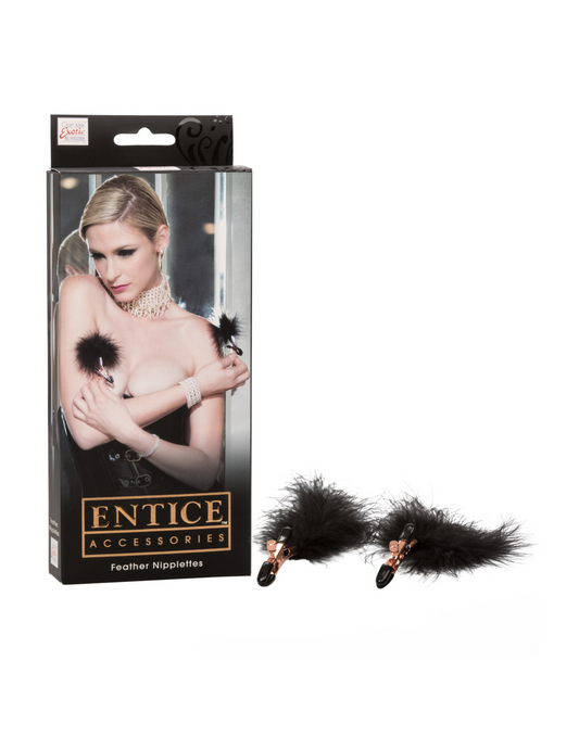 Photo of the Entice Feather Nipplettes Nipple Clamps (black/gold), from CalExotics box and product.