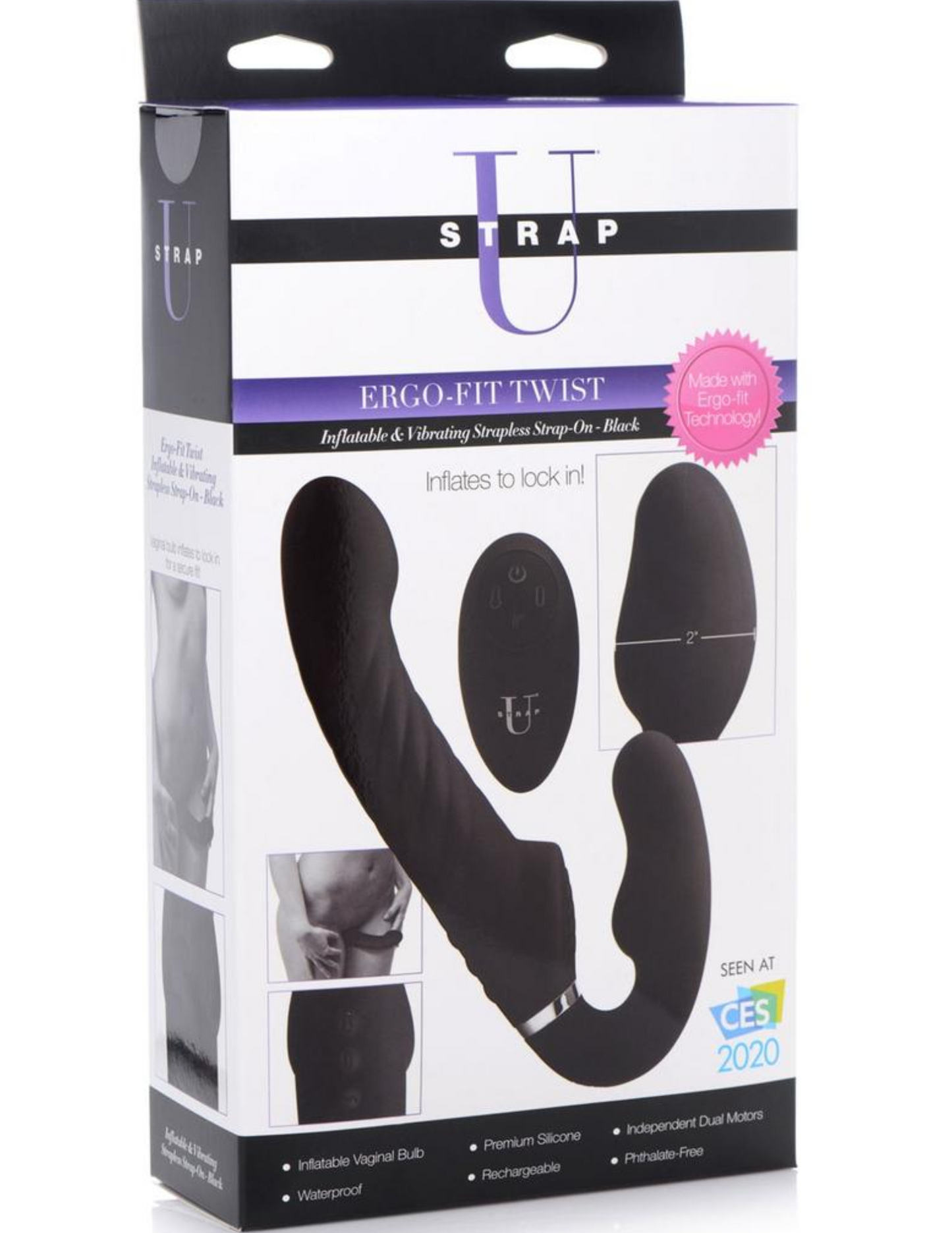 Photo of the front of the box for the Strap U Ergo-Fit Twist Inflatable Strapless Strap-On from XR Brands (black).