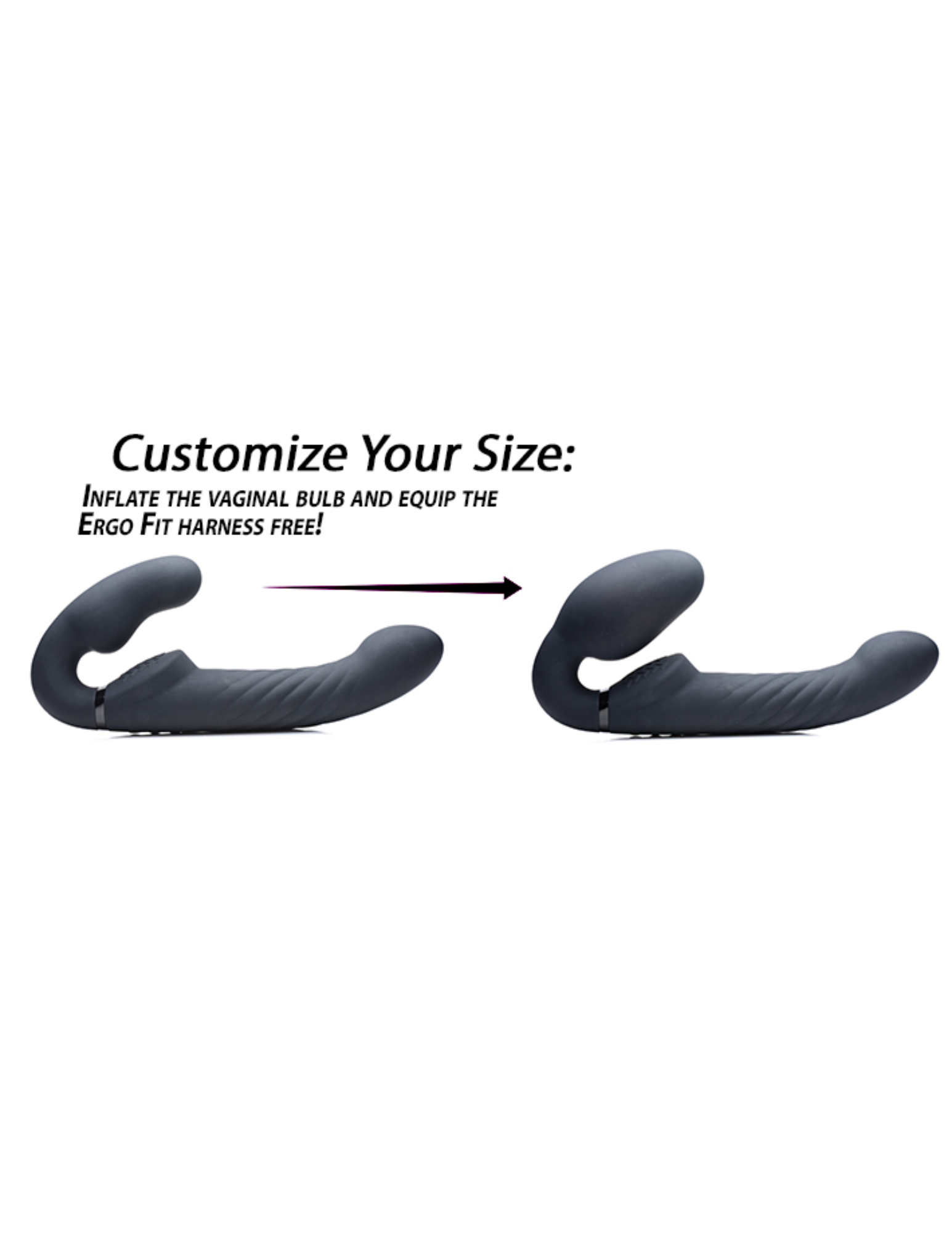 Diagram shows the difference in the size of the insertable inflated portion of the Strap U Ergo-Fit Twist Inflatable Strapless Strap-On from XR Brands (black).