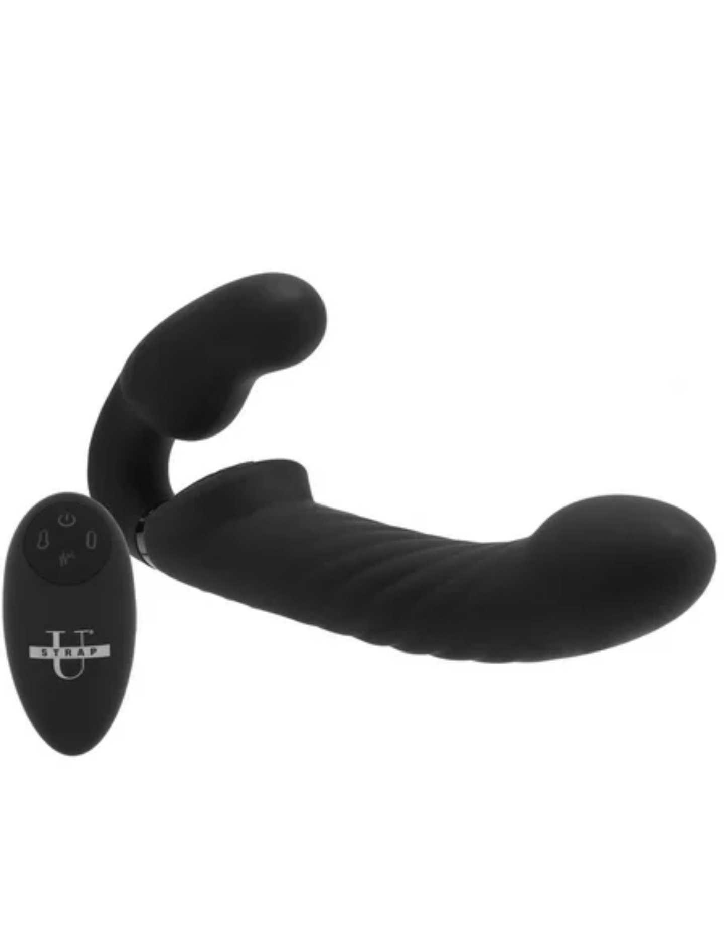 Front angled view of the Strap U Ergo-Fit Twist Inflatable Strapless Strap-On from XR Brands (black) shows its unique twisted texture as well as the inflatable bulb.
