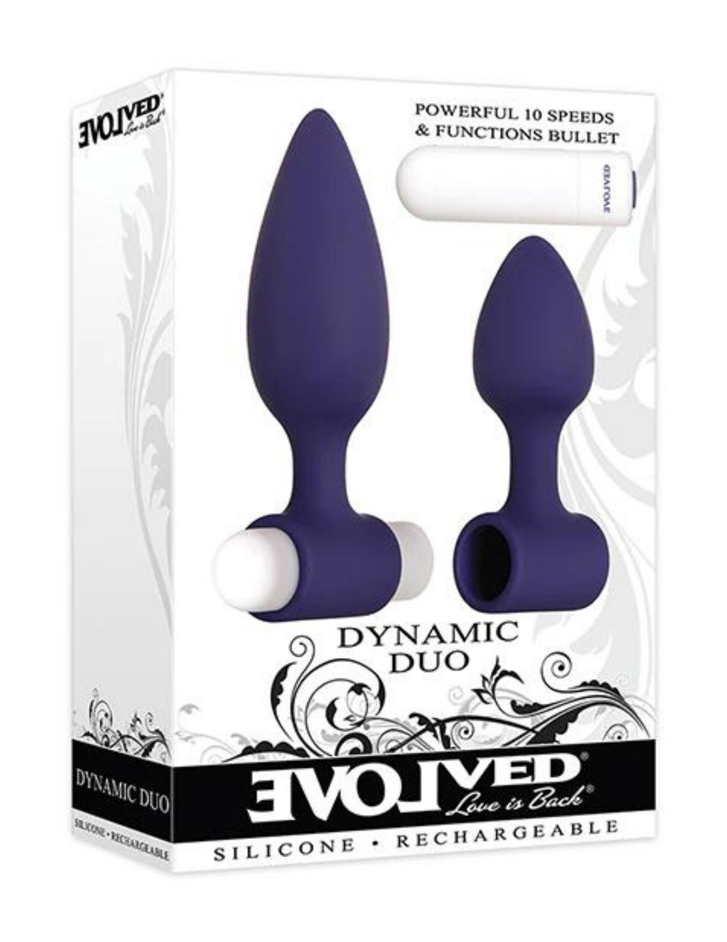 Dynamic Duo Rechargeable Silicone Vibrating Butt Plug Set - Small/Large - Purple/White