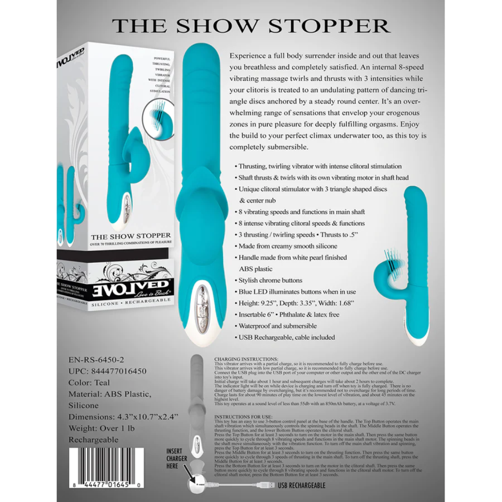 The Show Stopper Thrusting and Rotating Dual Stimulator - Teal