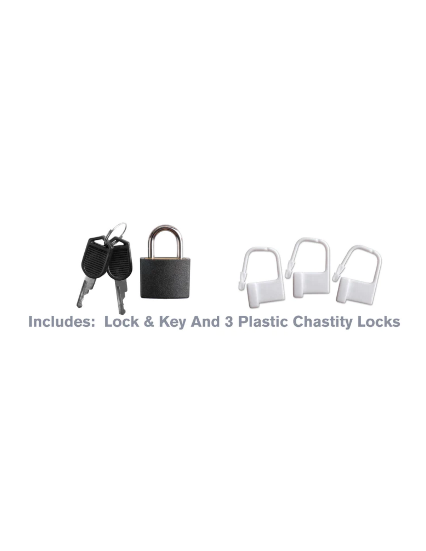 Photo shows the keys and locks that come with the  Extreme Silicone Cock Blocker Cock Ring from Pipedreams.