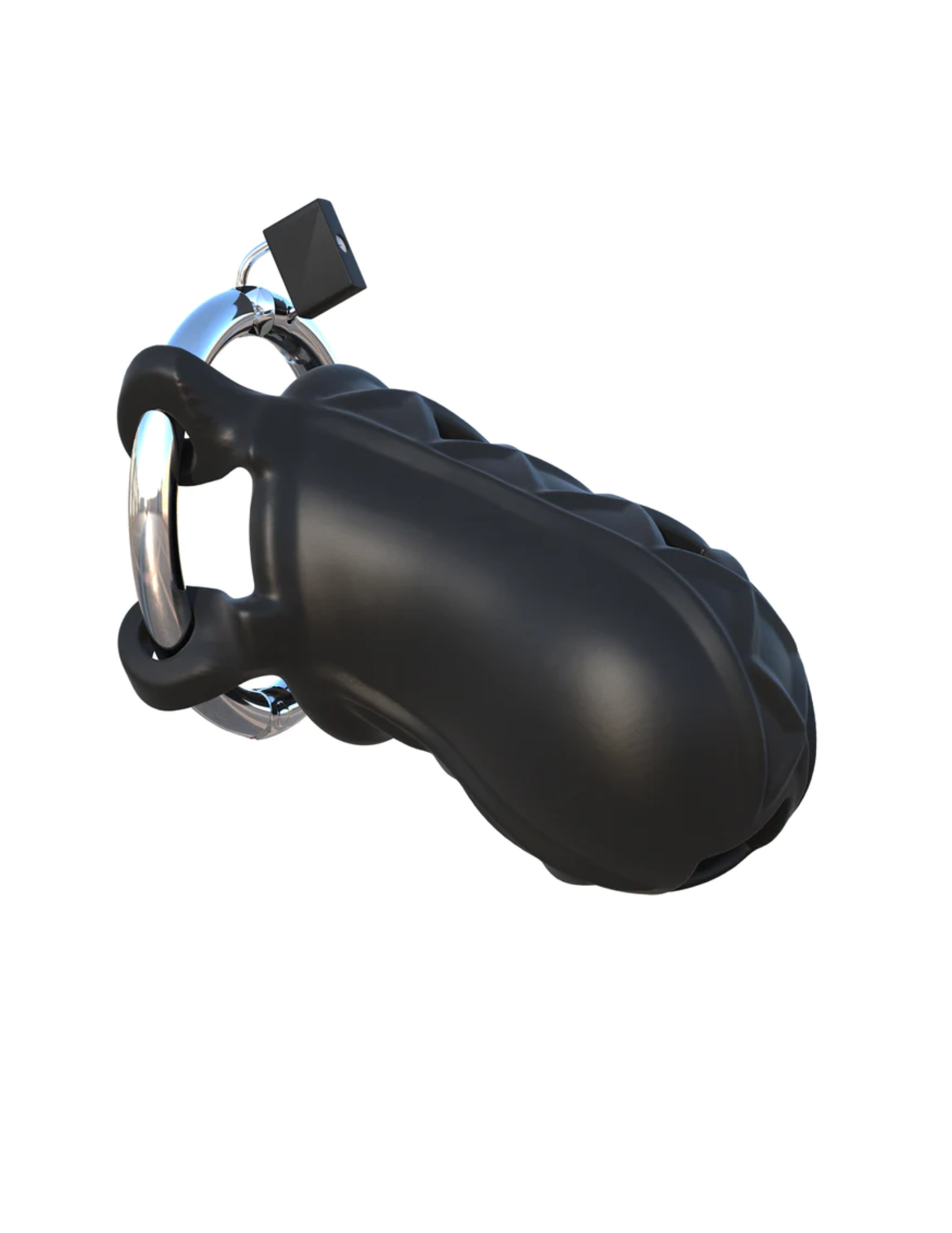 Side view of the Fantasy C-Ringz Extreme Silicone Cock Blocker from Pipedreams (black) shows its chastity style hardware and textured silicone sleeve.