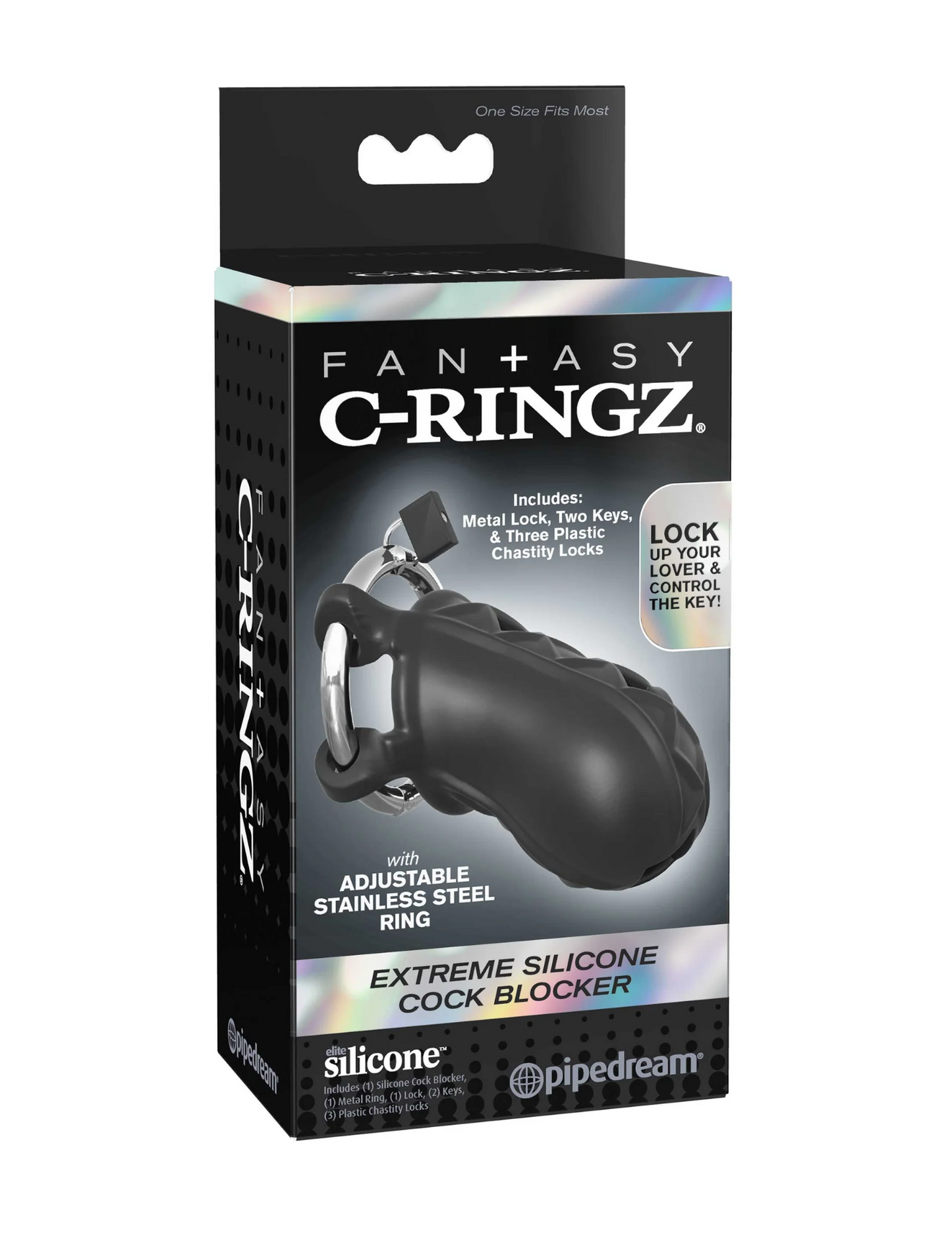 Photo of the front of the box for the Fantasy C-Ringz Extreme Silicone Cock Blocker from Pipedreams (black).