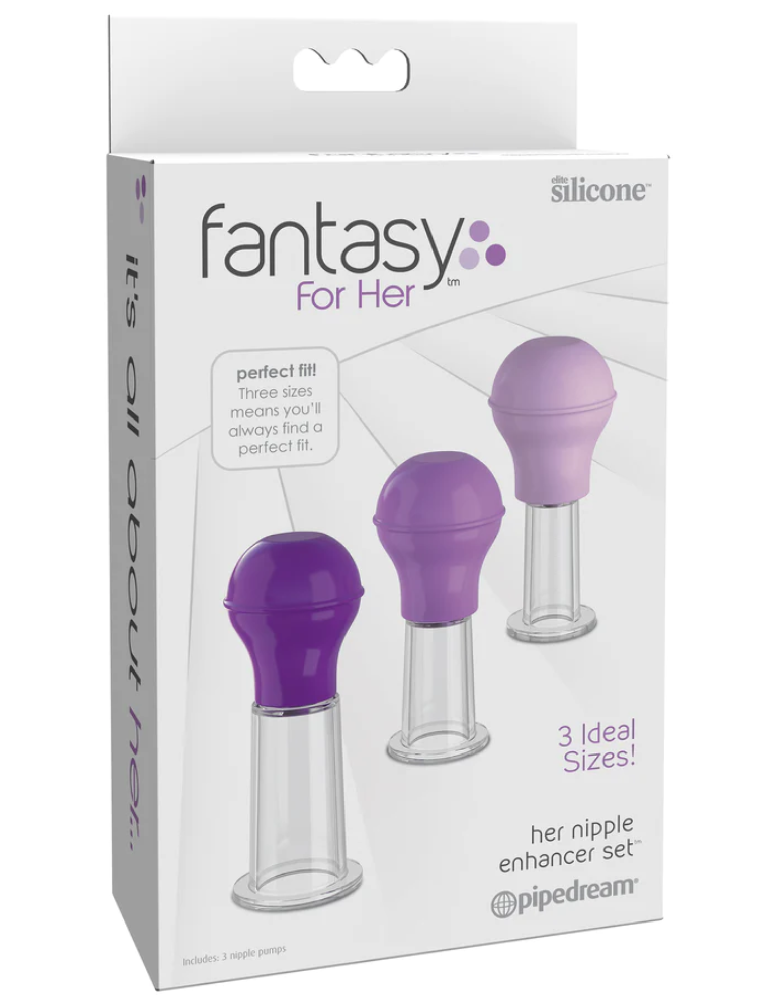 Photo of the front of the box for the Fantasy for Her Nipple Enhancer 3pc Set from Pipedreams (purple).
