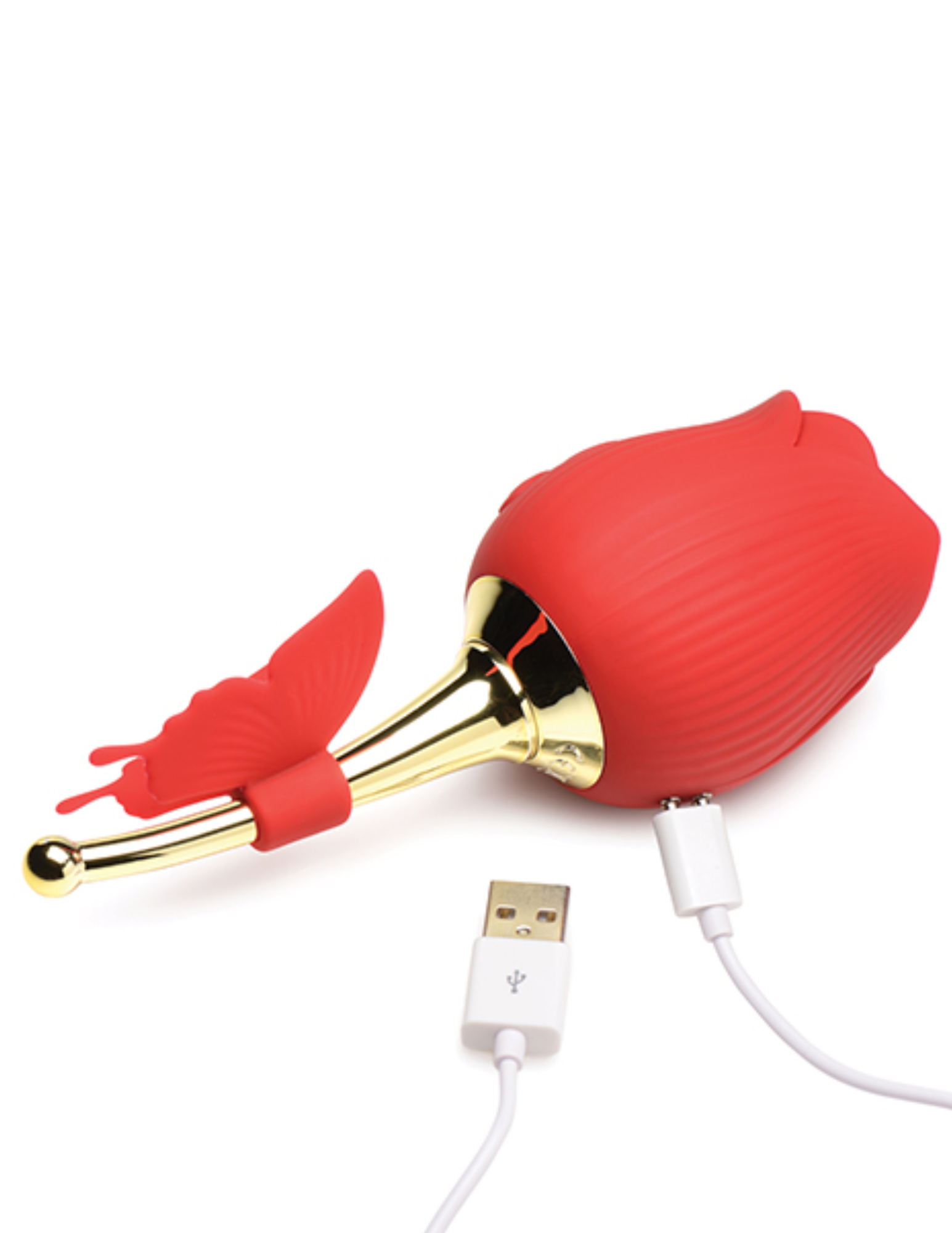Photo  of the Bloomgasm Flutter Rose w/ Butterfly Teaser from XR Brands shows how to connect the magnetic charging cord to the toy.