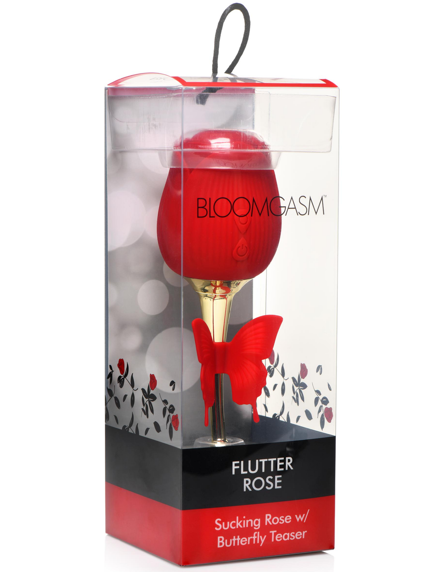 Photo of the Bloomgasm Flutter Rose w/ Butterfly Teaser from XR Brands inside its clear package.