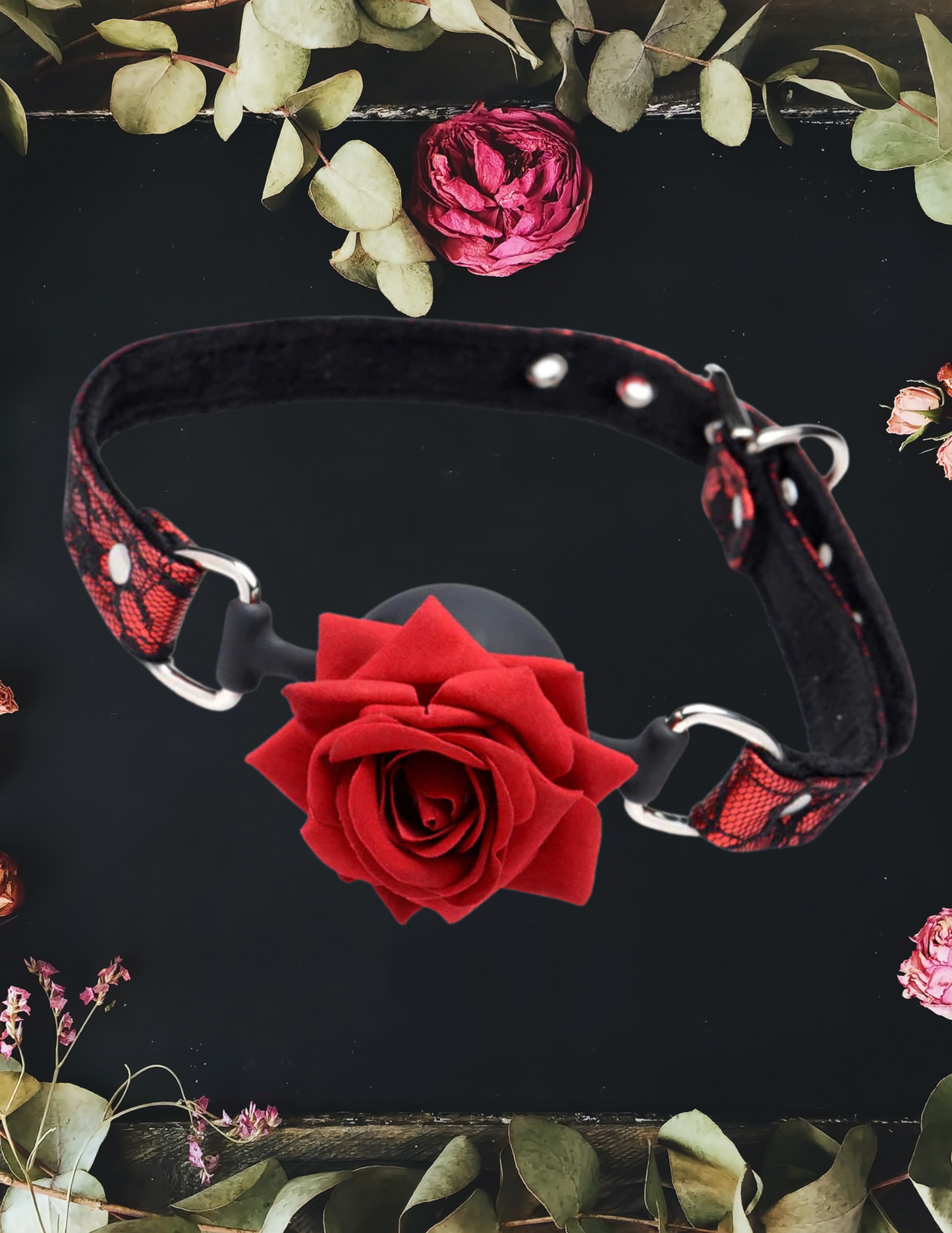 Front view of the Full Bloom Silicone Ball Gag with Rose from XR Brands.