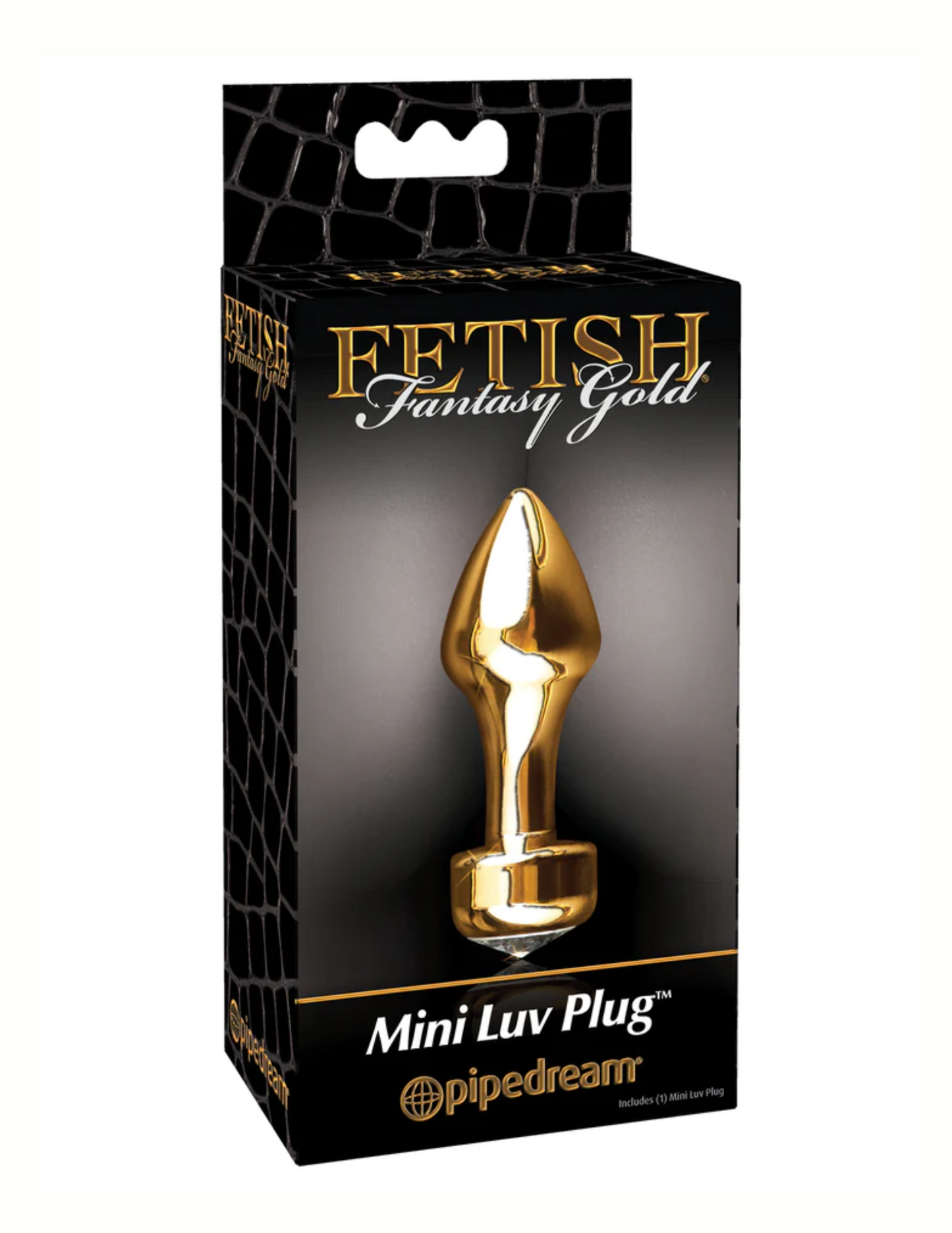 Photo of the front of the box for the Fetish Fantasy Gold Mini Luv Plug from Pipedreams.