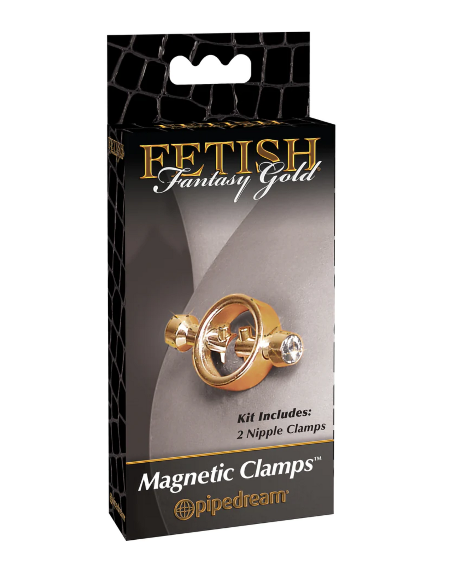 Photo shows the front of the box for the Fetish Fantasy Gold Magnetic Nipple Clamps from Pipedreams.