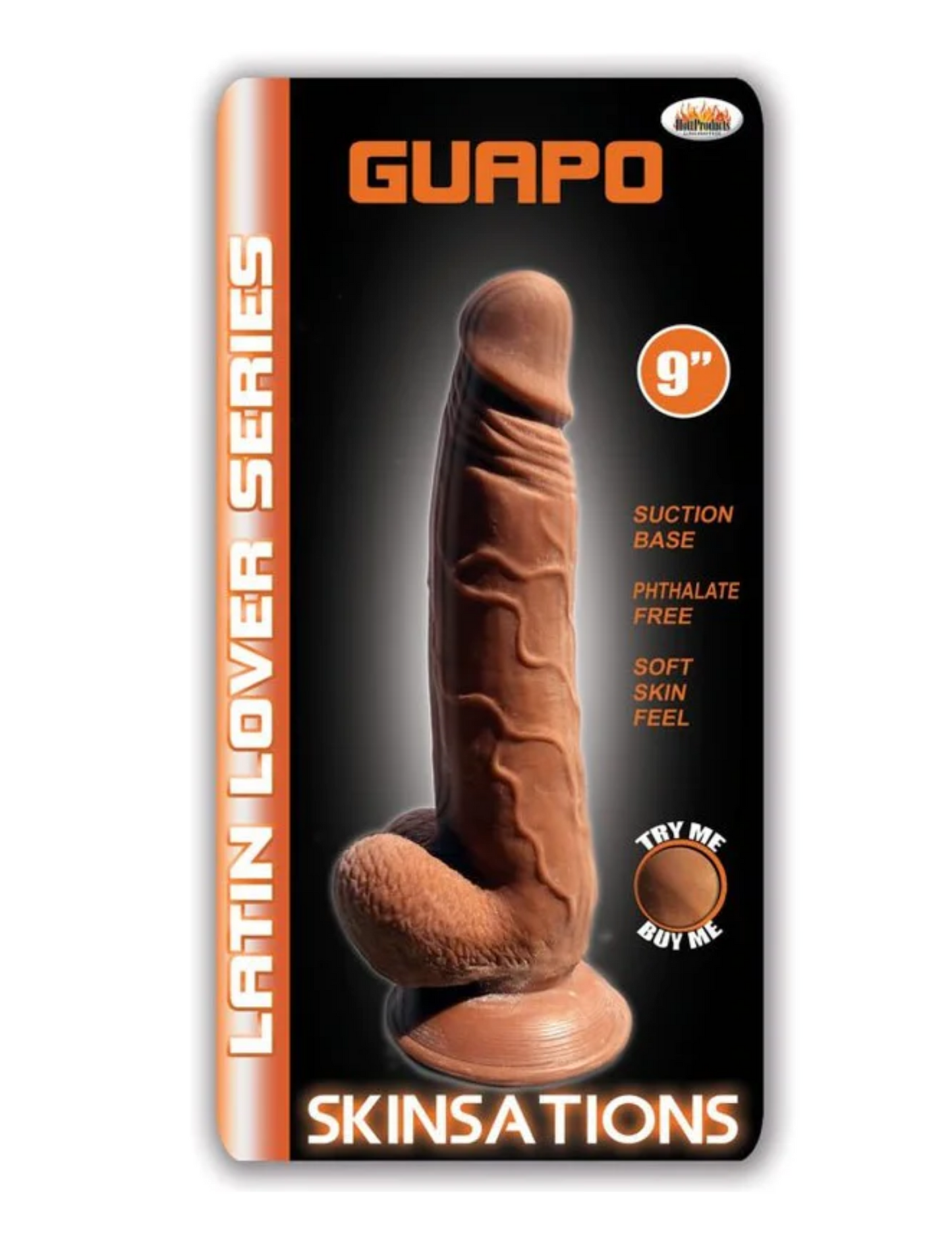 Photo of the product and package for the Skinsations Guapo Dildo from Hott Products..