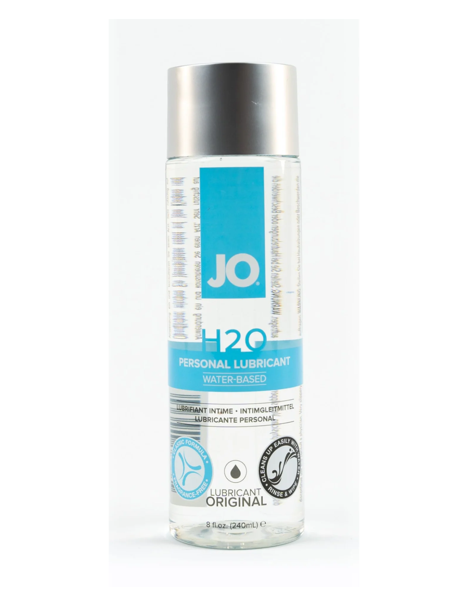 Front of the bottle of water-based lubricant by System JO, 8oz.