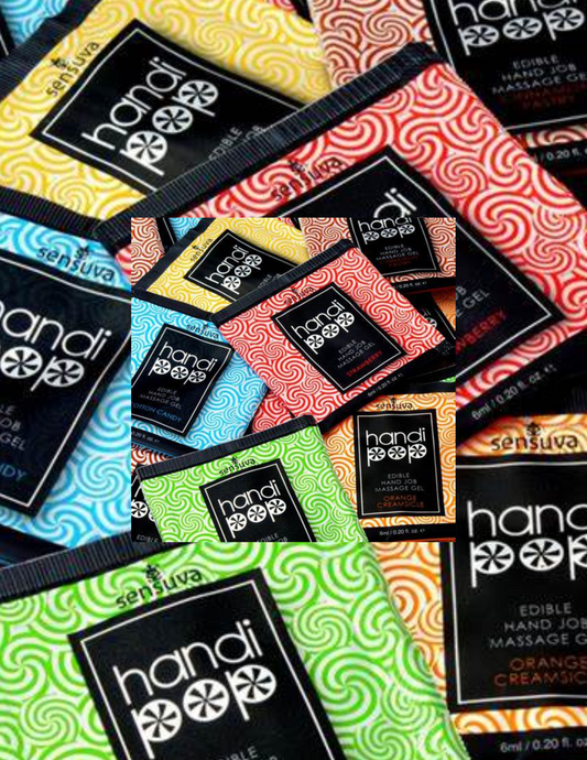 Photo shows all of the flavor options of Handipop 3ml foil packs from Sensuva.