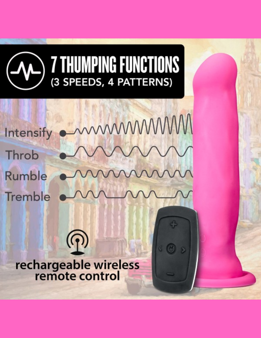 Image shows the various features of the Havana Impressions Vibrator from Blush (pink) including speeds, patterns, and wireless remote.