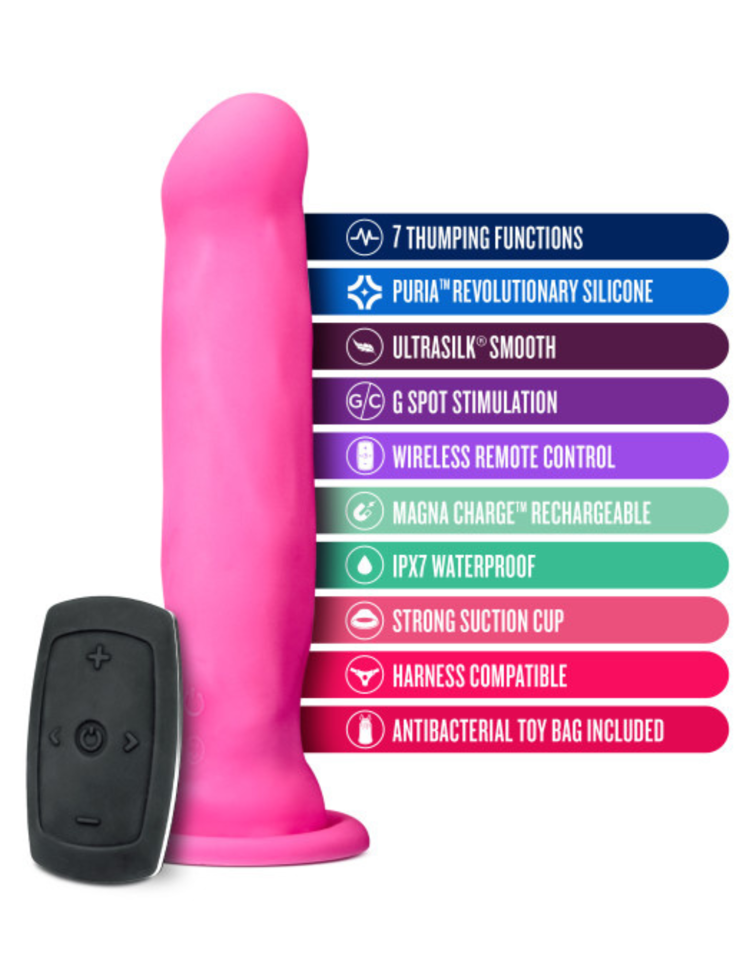 Image shows the Havana Impressions Vibrator from Blush (pink) with its remote and lists its features as noted on the description page.