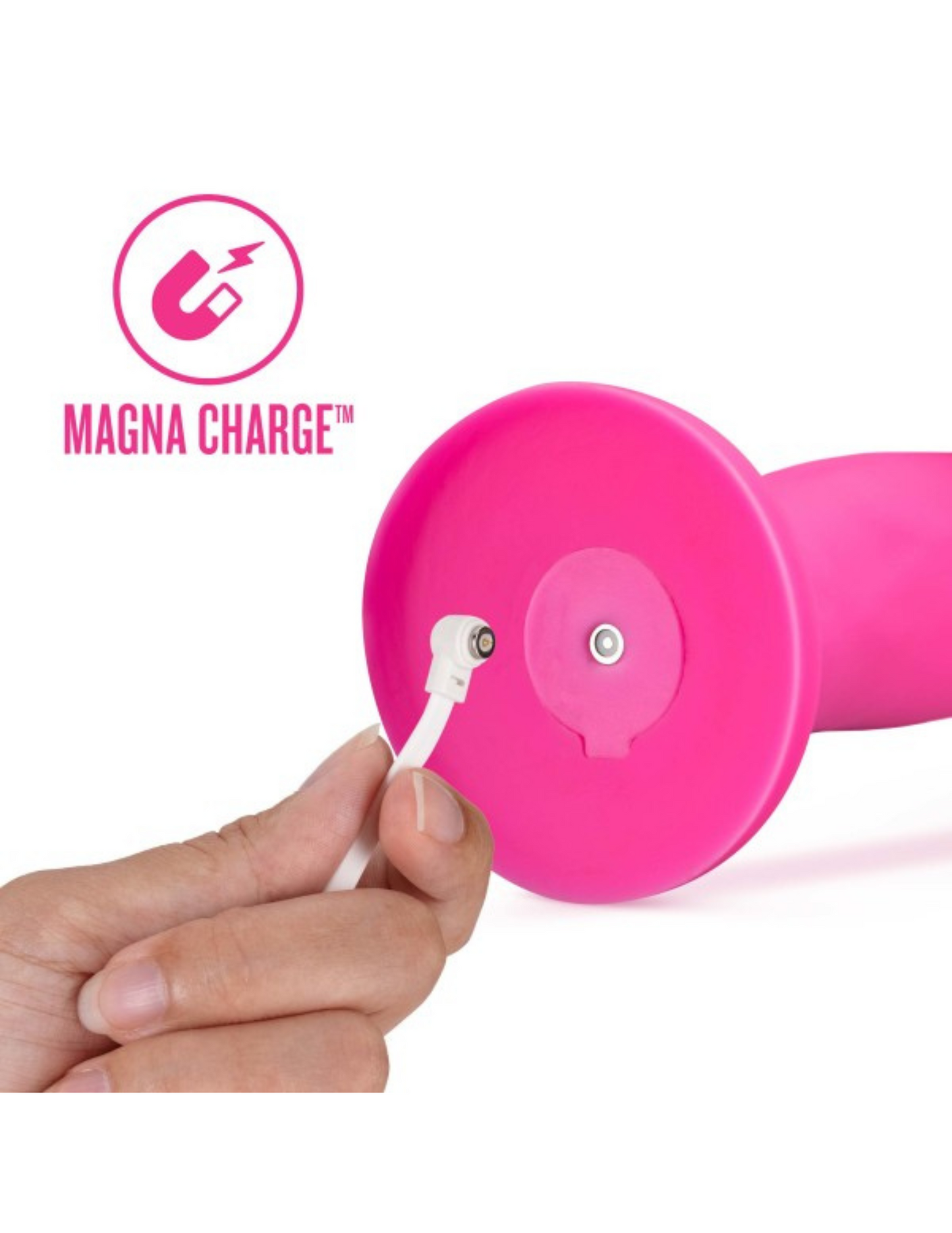 Photo shows how to use the magnetic charging cord that comes with the Havana Impressions Vibrator from Blush (pink).