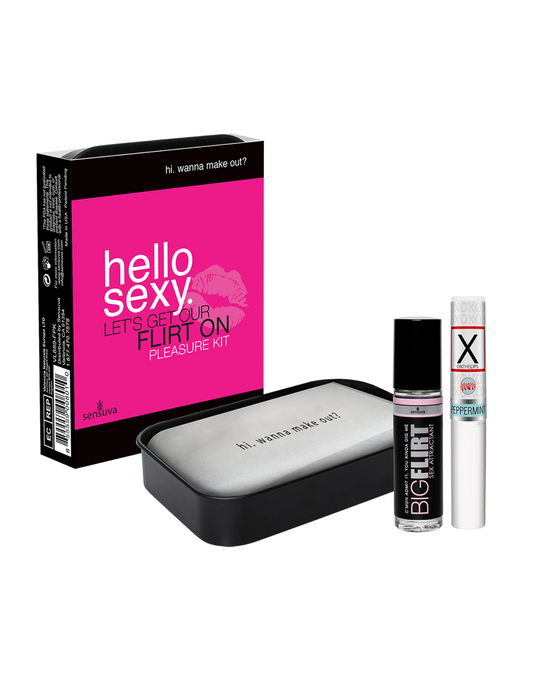 Image shows what comes with the Hello Sexy Pleasure Kit: kissing guide, buzzing and pheromone infused lip balm, and pheromone infused perfume roll-on.