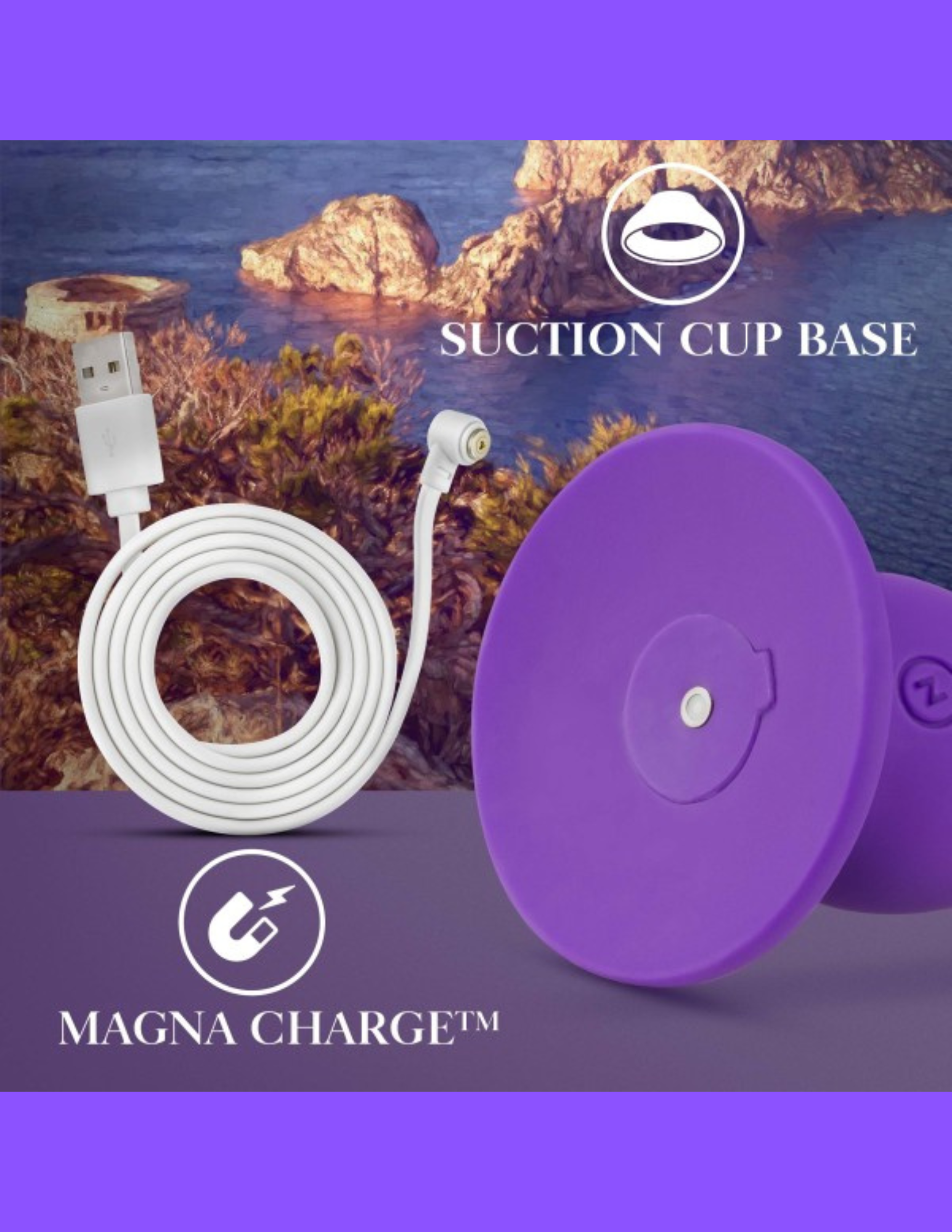 Image features the magnetic USB charging cord and port on the Impressions Ibiza Vibrator from Blush (purple).
