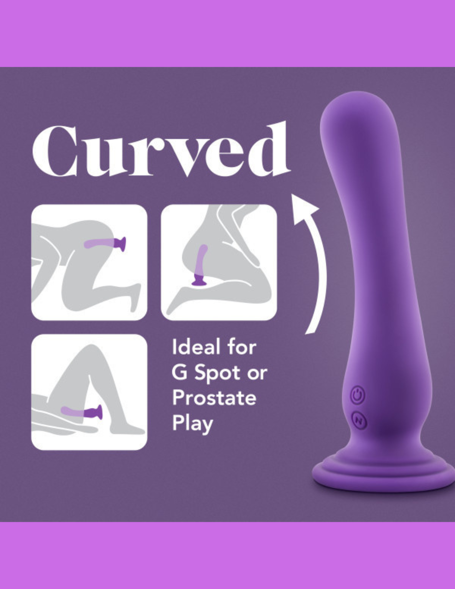 Diagram shows the various ways that the Impressions Ibiza Vibrator from Blush (purple) can be used due to its strong suction base.