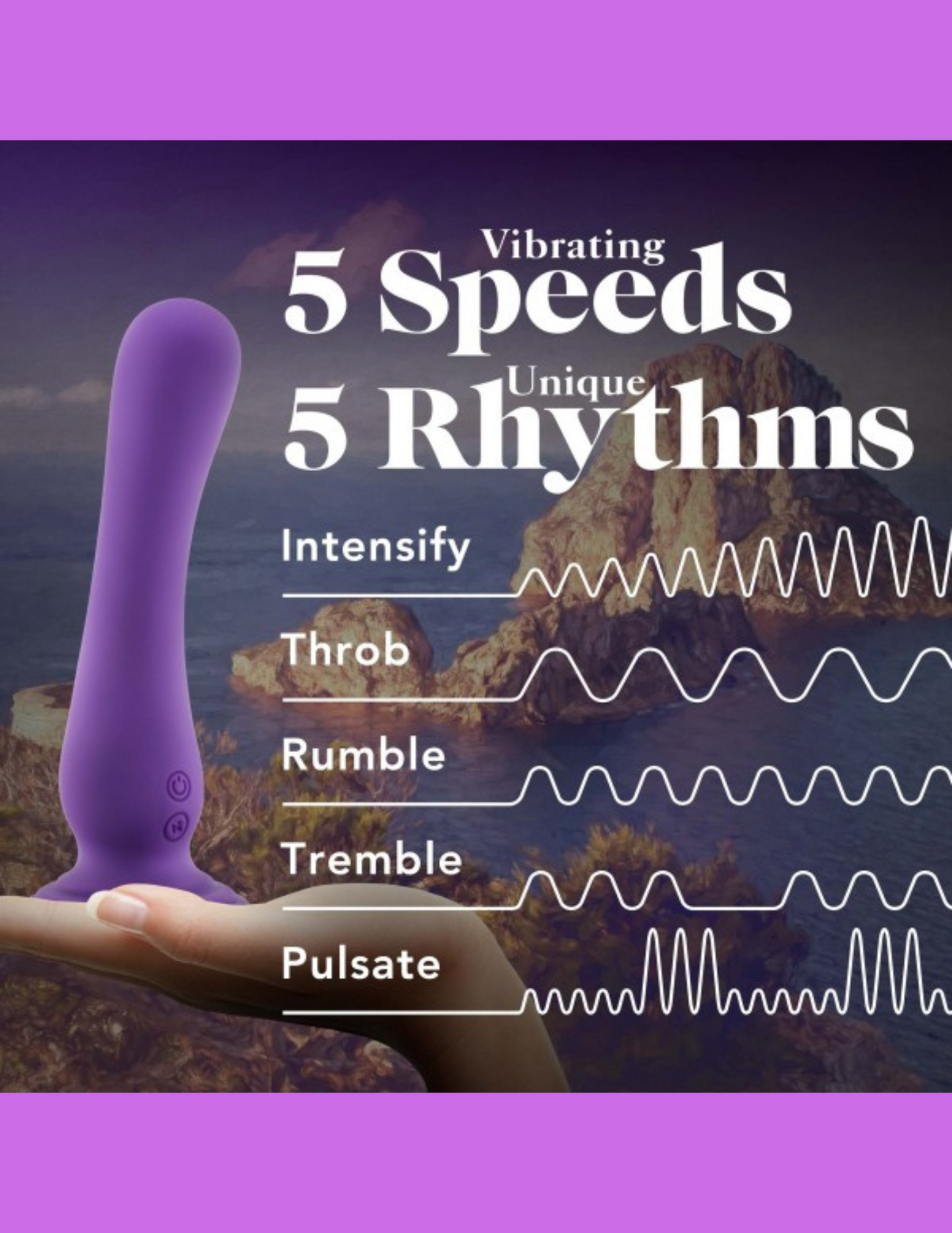 Image shows the various speeds and patterns of the Impressions Ibiza Vibrator from Blush (purple).
