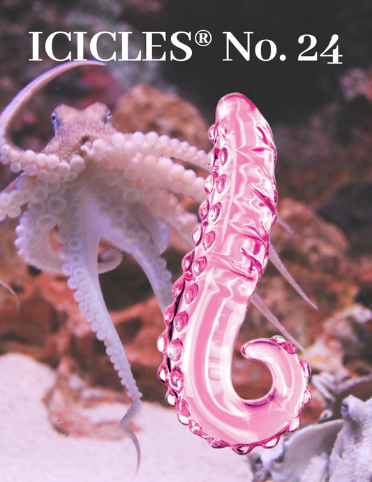 Ad for the Icicles No 24 Textured Glass Dildo from Pipedreams (pink) shows its tentacle like shape.