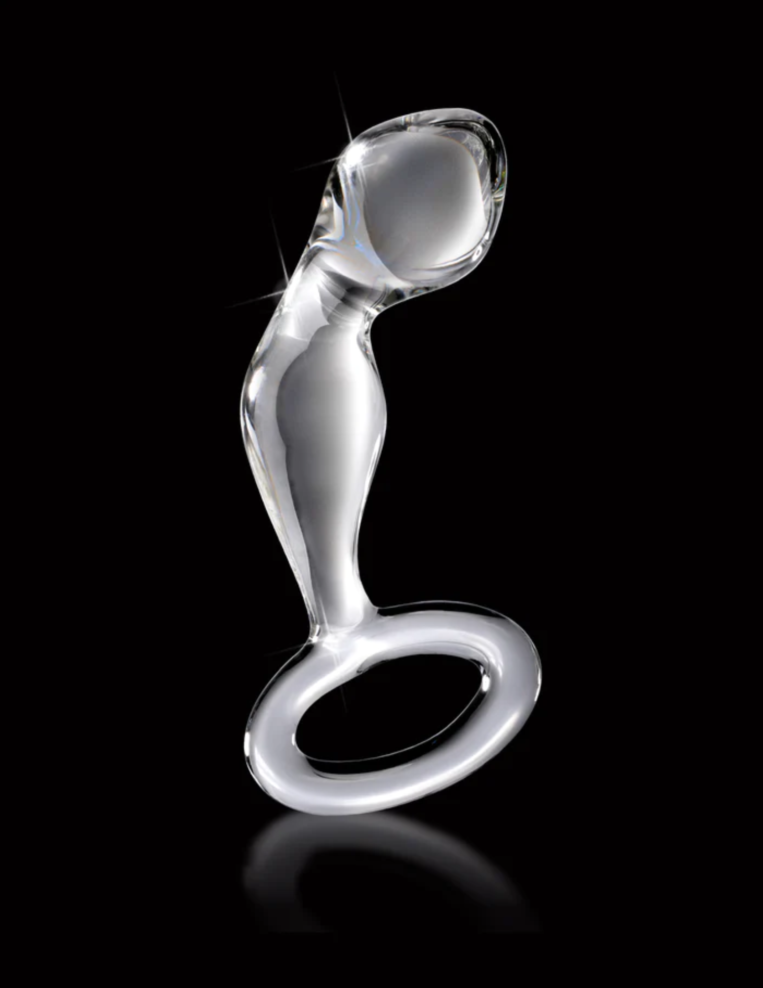 Front view of the Icicles No. 46 Glass Anal P-Spot Plug from Pipedreams (clear) shows its easy to hold handle and contoured shape.