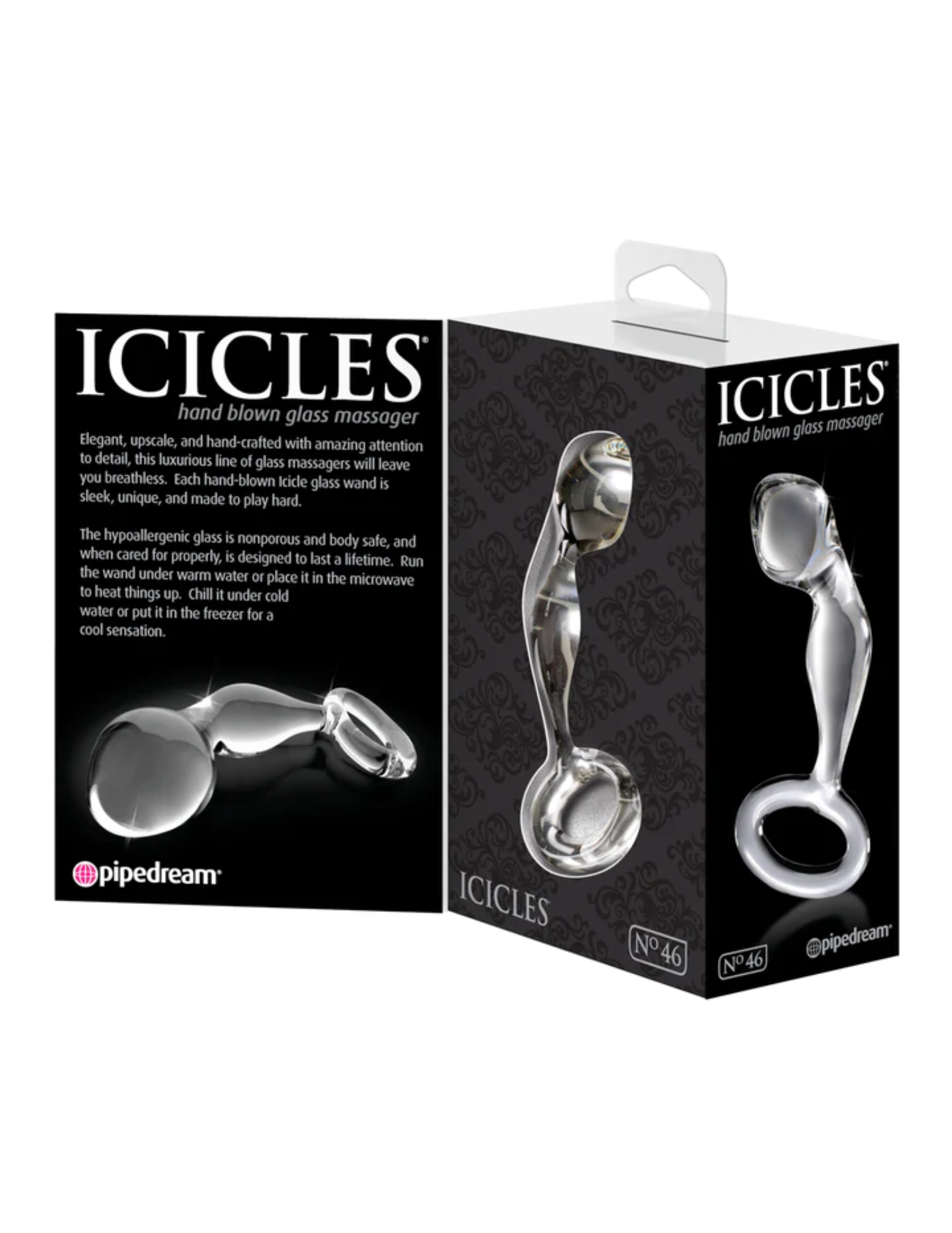 Photo shows the inside panel of the box for the Icicles No. 46 Glass Anal P-Spot Plug from Pipedreams (clear).