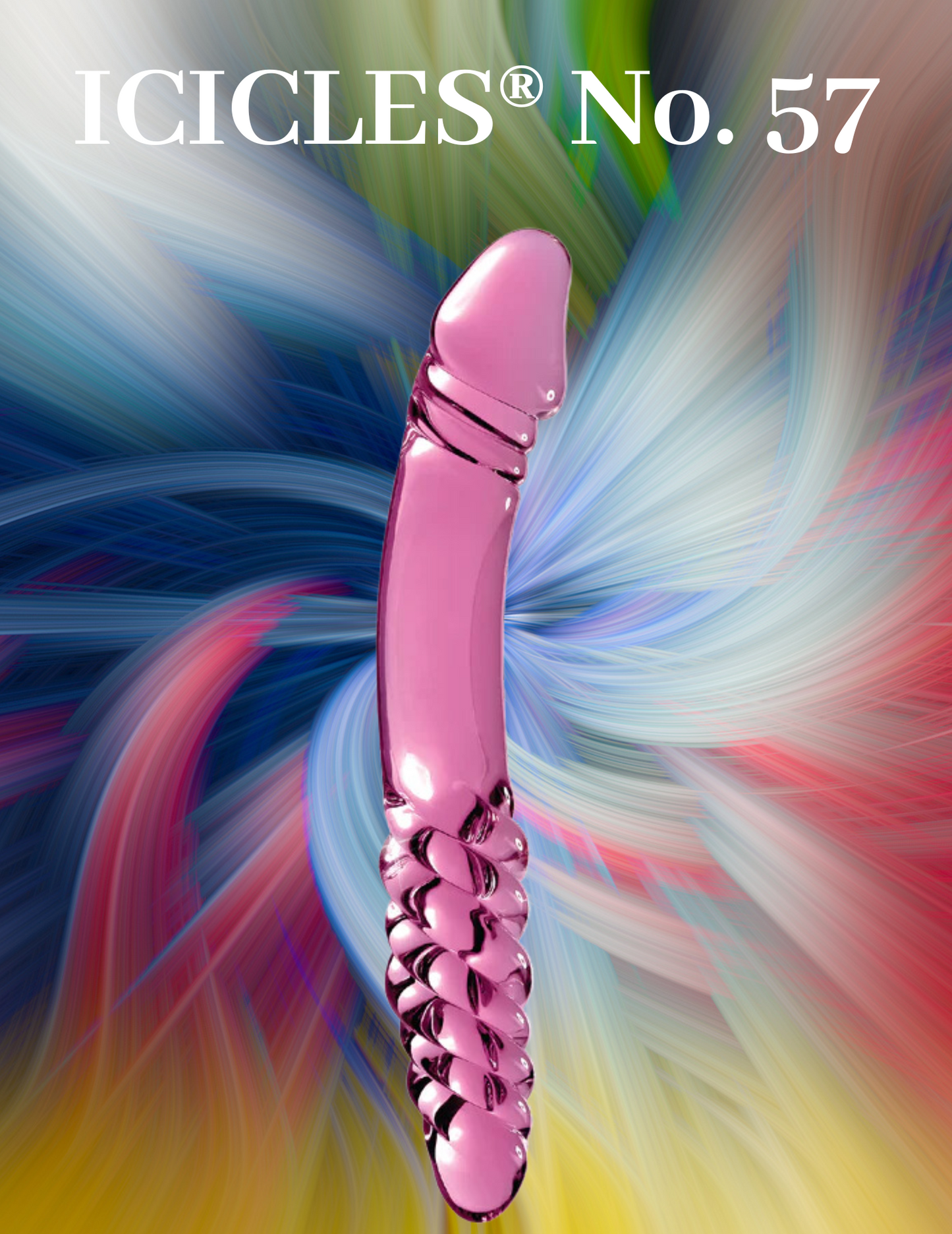 Ad for the Icicles No. 57 Double-Sided Textured Glass Dildo from Pipedreams (pink).