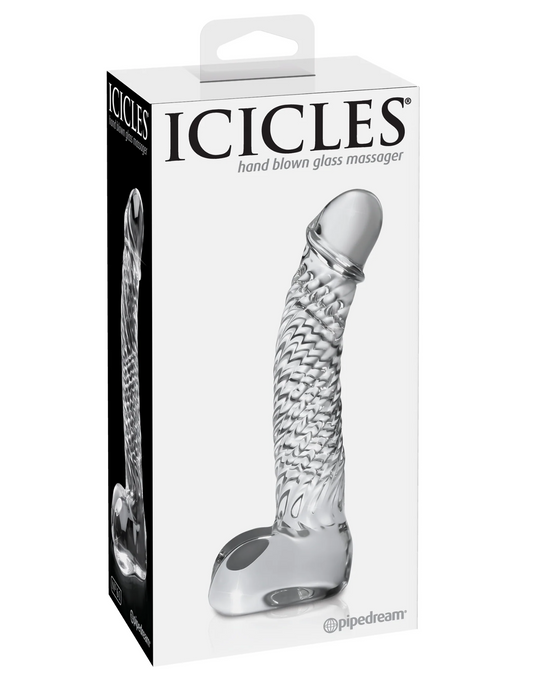 Photo of the front of the box for the Icicles No. 61 Textured Glass G-Spot Dildo w/ Balls from Pipedreams (clear).
