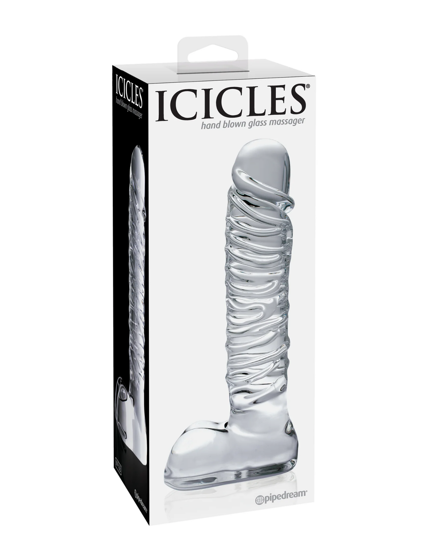 Photo of the box for the No. 63 Textured Glass Dildo w/ Balls from Pipedreams (clear).