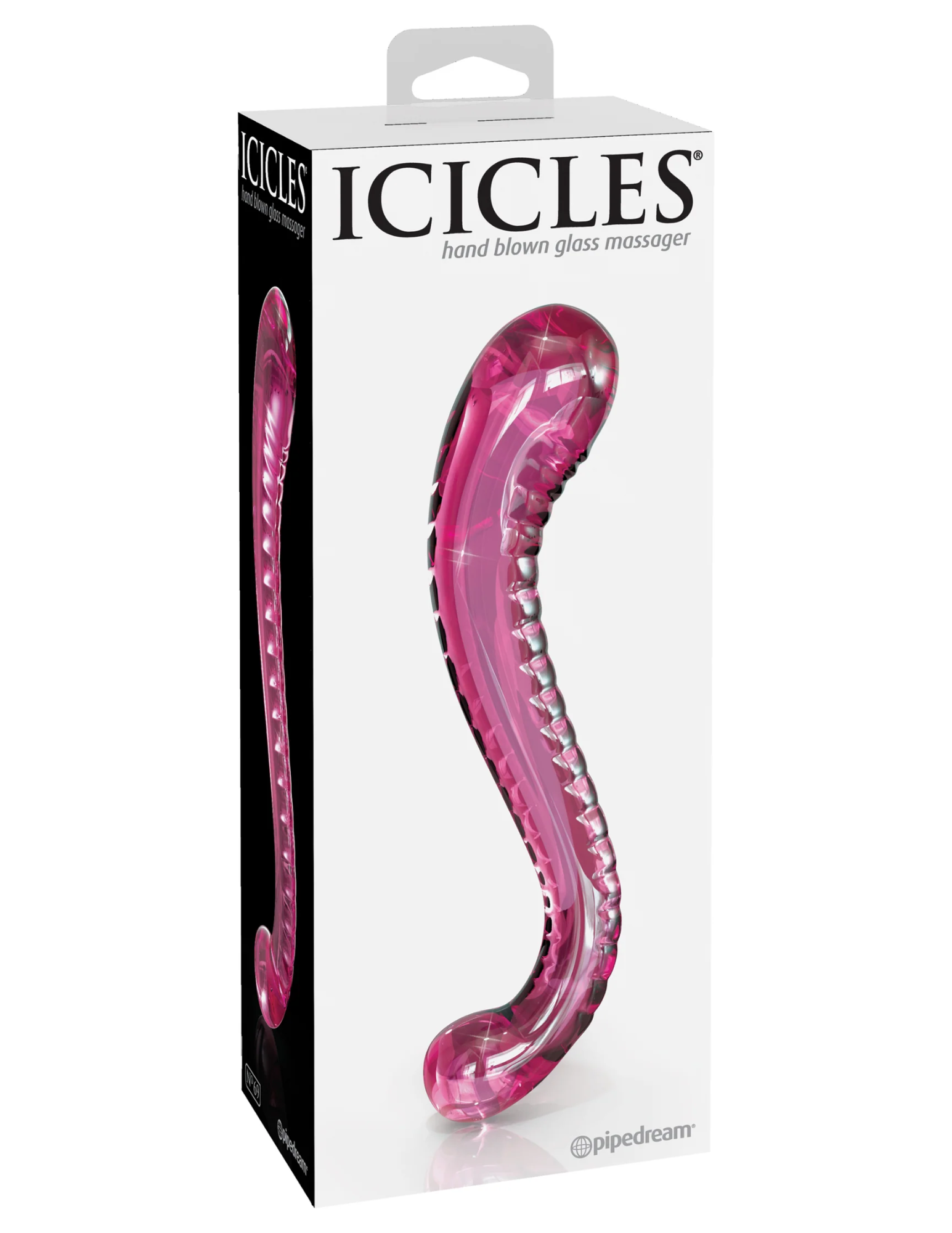 Photo of the front of the box for the No. 69 Textured G-Spot Glass Probe from Pipedreams (pink).