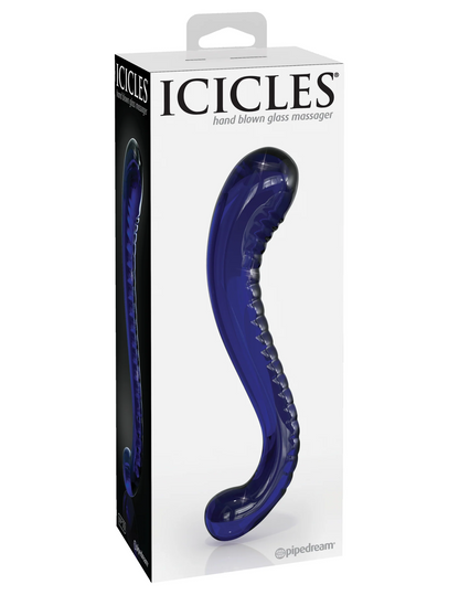 Photo of the front of the box for the No. 70 Textured G-Spot Glass Probe from Pipedreams (blue).