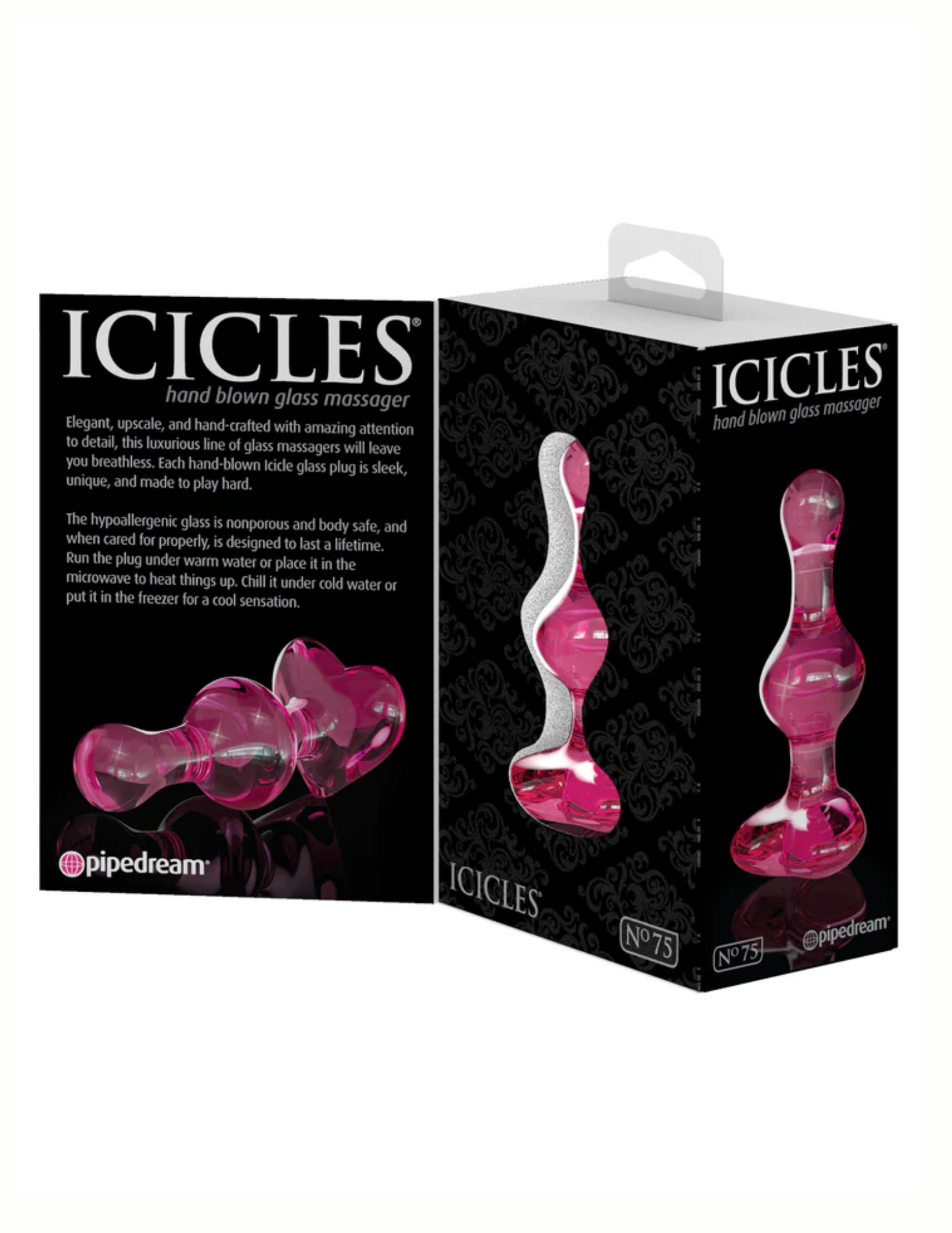 Photo of the inside panel of the box for the Icicles No. 75 Beaded Heart Shaped Glass Anal Plug from Pipedreams (pink).