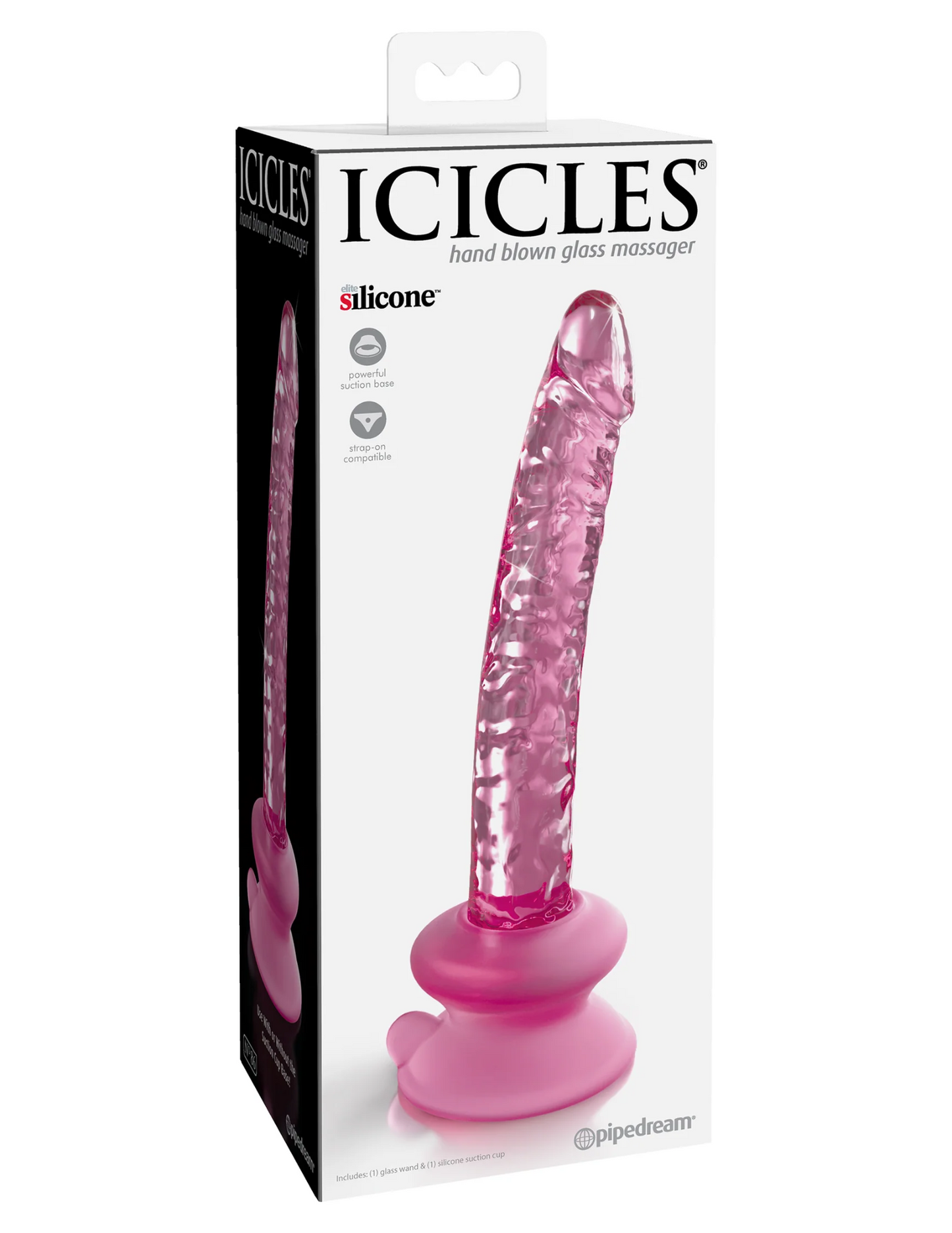 Photo of the box for the Icicles No. 86 Glass Wand w/ Suction Cup from Pipedreams (pink) .