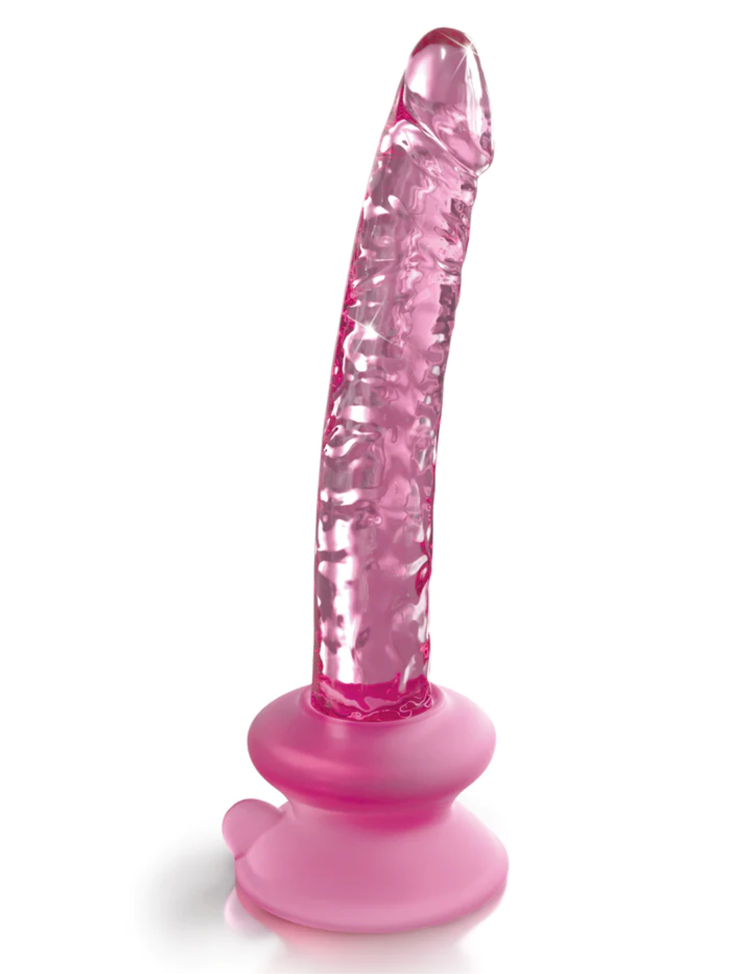 Full view of the Icicles No. 86 Glass Wand w/ Suction Cup from Pipedreams (pink) shows its textured design as well as its silicone suction base.