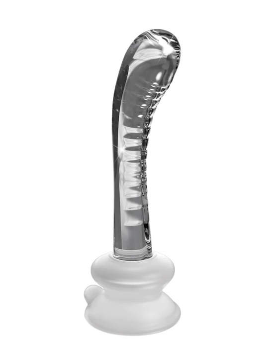 Profile photo of the Icicles No. 88 Glass G-Spot Wand w/ Silicone Suction Cup from Pipedreams (clear) shows its curved tip, ribbed shaft, and suction cup base.