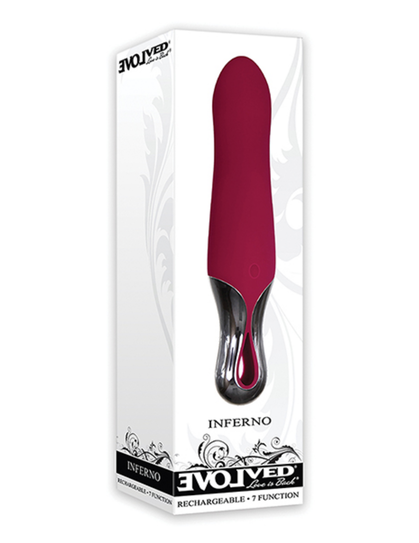 Photo of the front of the box for the Inferno Mini Vibrator from Evolved Novelties.