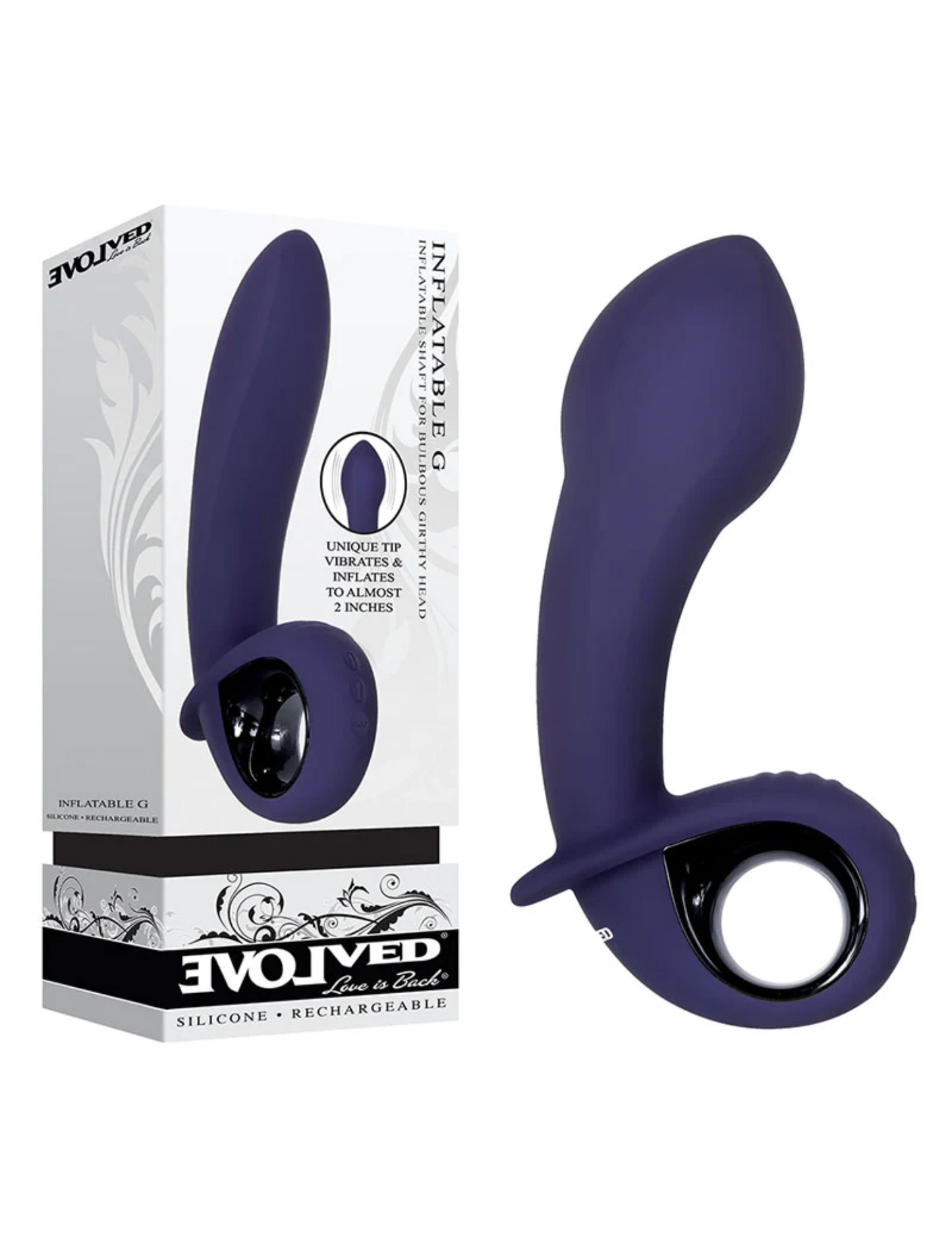 Photo shows the Inflatable G from Evolved Novelties (inflated) next to its box.