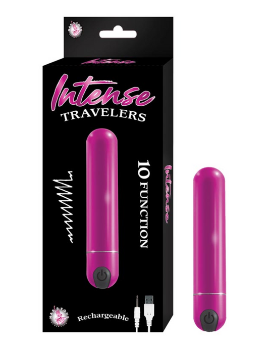 Photo of the Intense Travelers Aluminum Vibe from Nasstoys (magenta) next to its box.